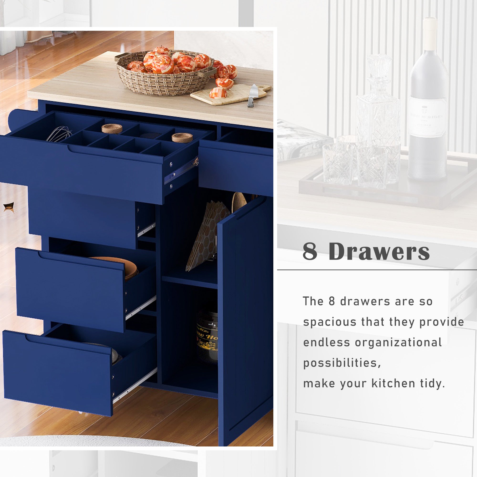 K&K Store Kitchen Cart with Rubber Wood Countertop , 8 Handle-Free Drawers and 5 Wheels for Kitchen Dinning Room, Dark Blue