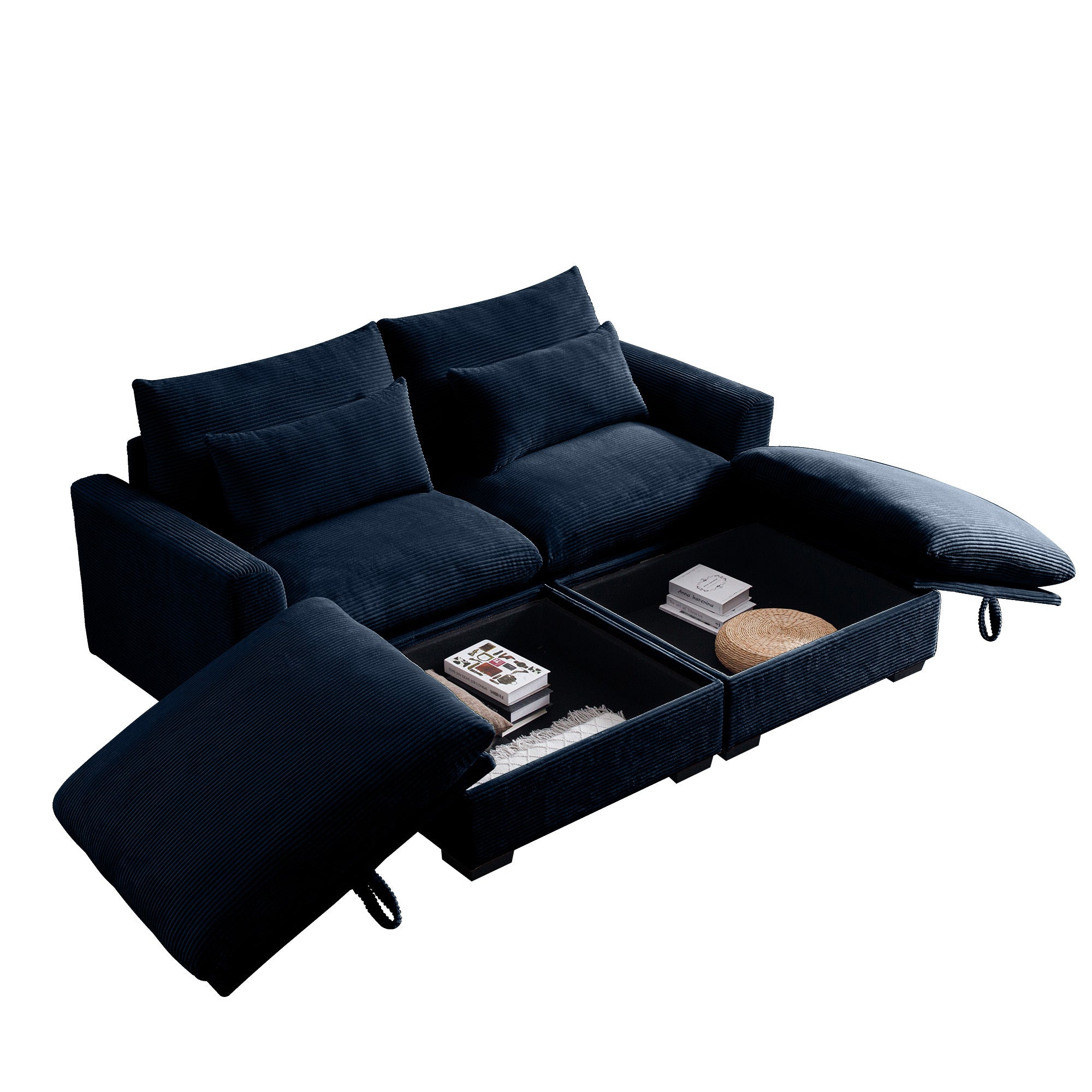 Corduroy Two-Seater Sofa with 2 Storage Footrest, 2 Seater Sectional  deep seat sofa,Comfy Couches for Living Room ,Bule Sofa