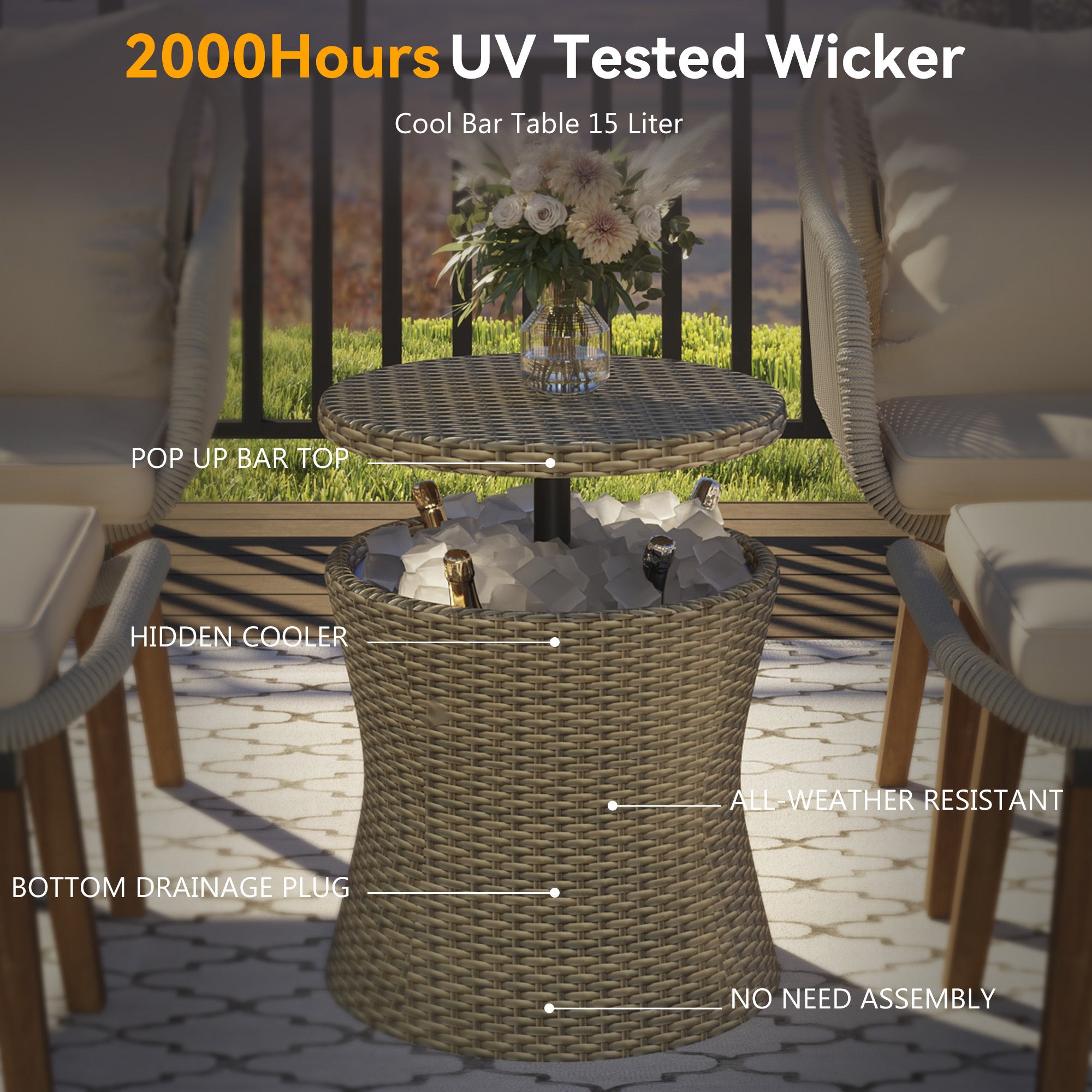 K&K Patio Conversation Set - 5 Pieces Wicker Furniture Chairs Set with a Cool Bar Table - Brown