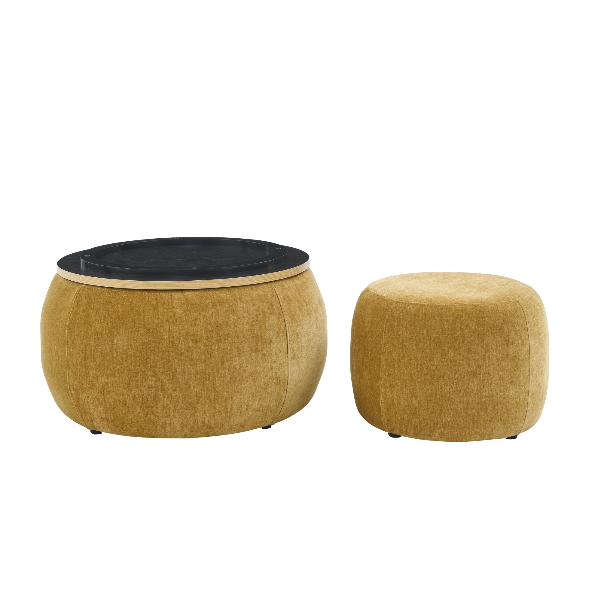 Round Storage Ottoman, 2 in 1 Function, Work as End table and Ottoman,with small seat,Dark yellow(25"x25"x14.7") ow