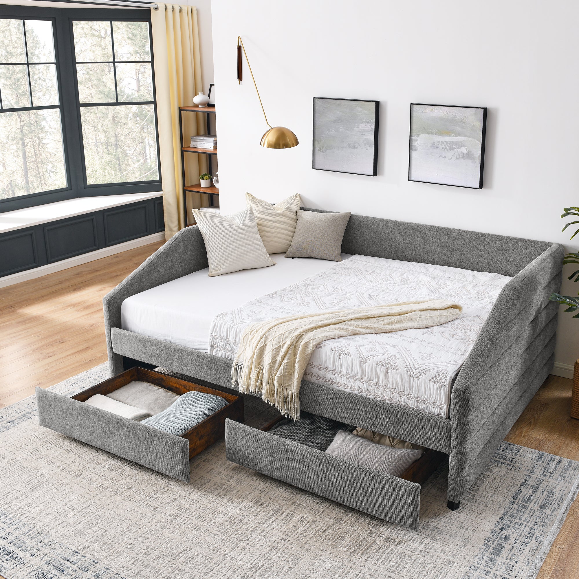 Queen Size Daybed with Two Drawers Trundle Upholstered Tufted Sofa Bed, Linen Fabric, Grey (88"x64.5"x34")