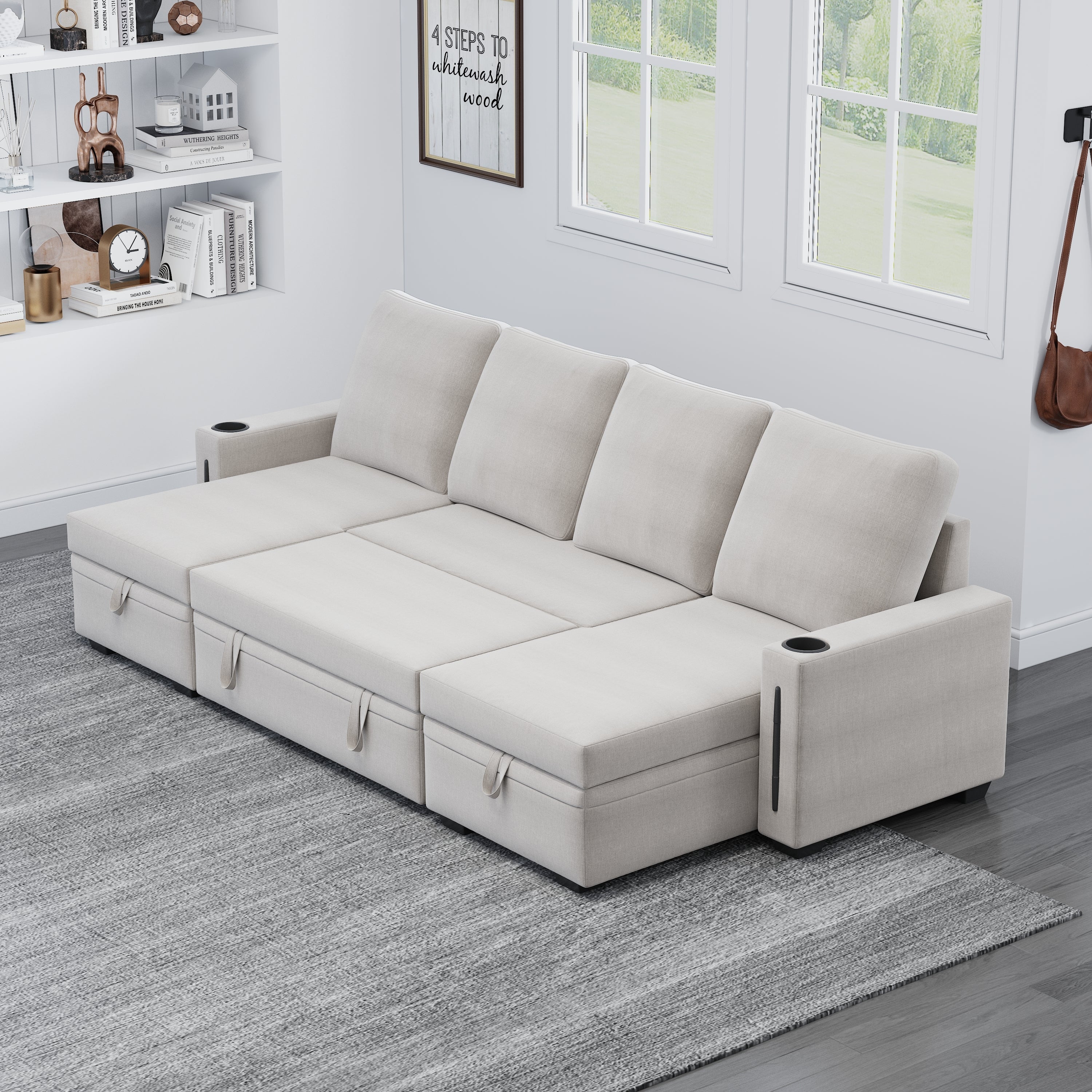 Sectional Sofa with Storage, 96" U Shaped Sectional Couches for Living Room, Comfy Convertible Sectional Sofa  - Beige