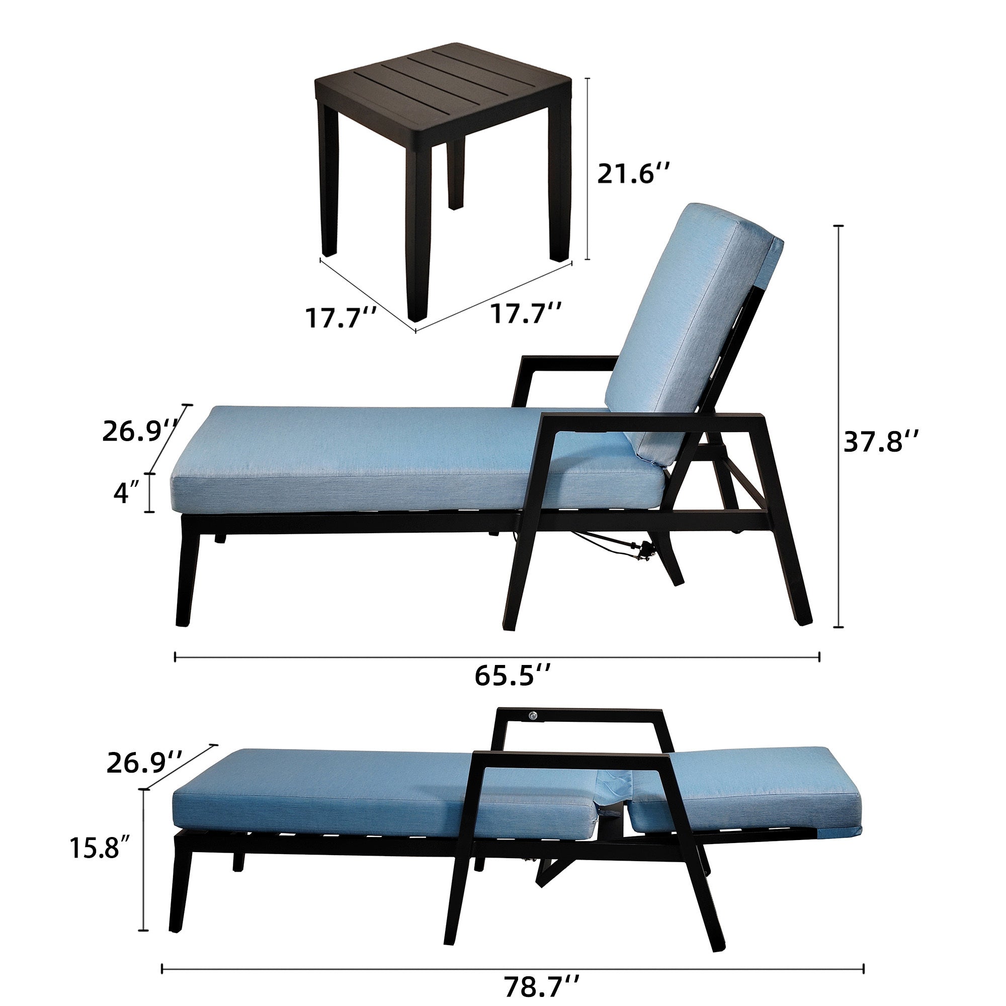 3PC Outdoor Aluminum Patio Furniture Chaise Lounge Set, 2 Chaise & 1 End Table with Modern Tapered Feet,Pneumatic Adjustable Backrest for Effortless Reclining, Wheels, Sunbrella Cushion, Ember Black