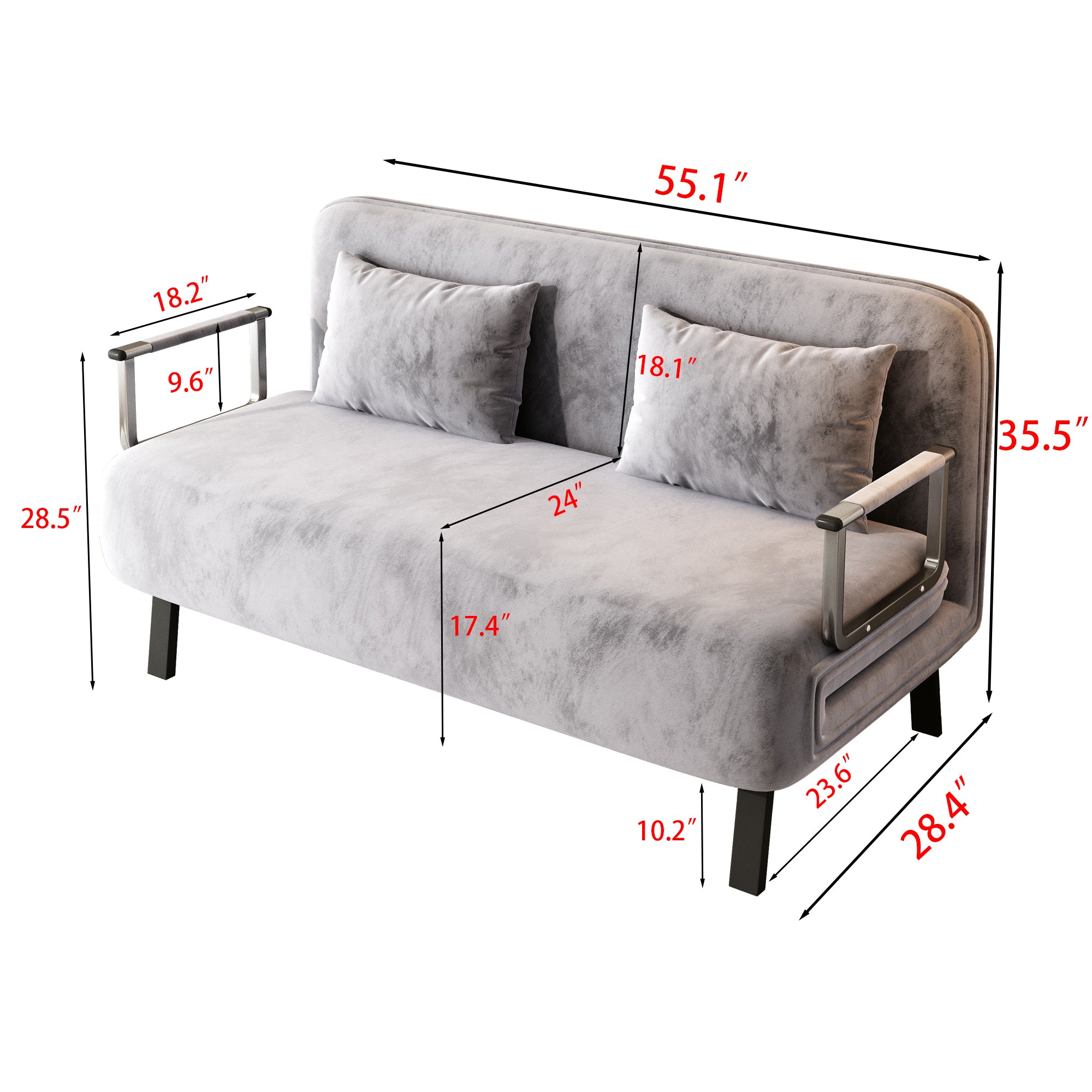 velvet light gray 55″ Convertible Chair Bed, Tri-Fold Sofa Bed with Adjustable Backrest & Pillow, Leisure Chaise Lounge Couch with Sturdy Steel Frame for Home & Office, Comfortable Sleeper Chair