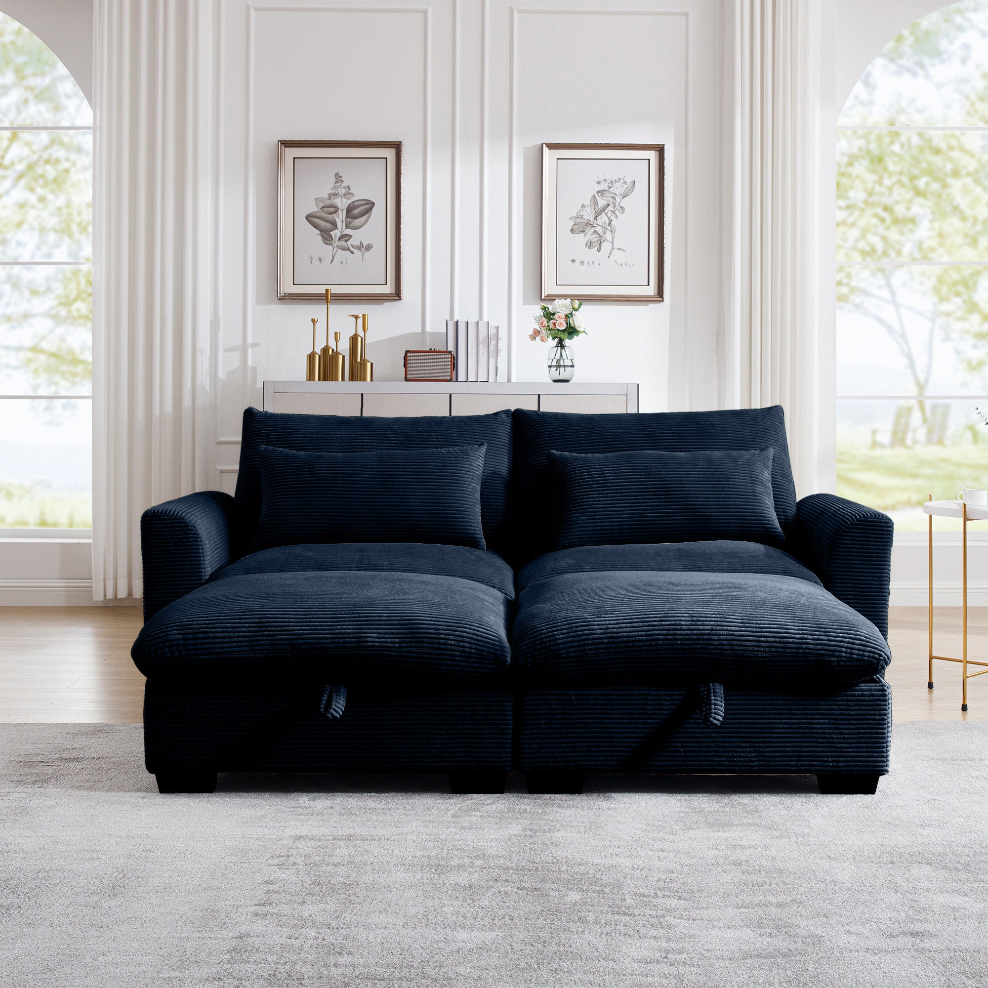 Corduroy Two-Seater Sofa with 2 Storage Footrest, 2 Seater Sectional  deep seat sofa,Comfy Couches for Living Room ,Bule Sofa