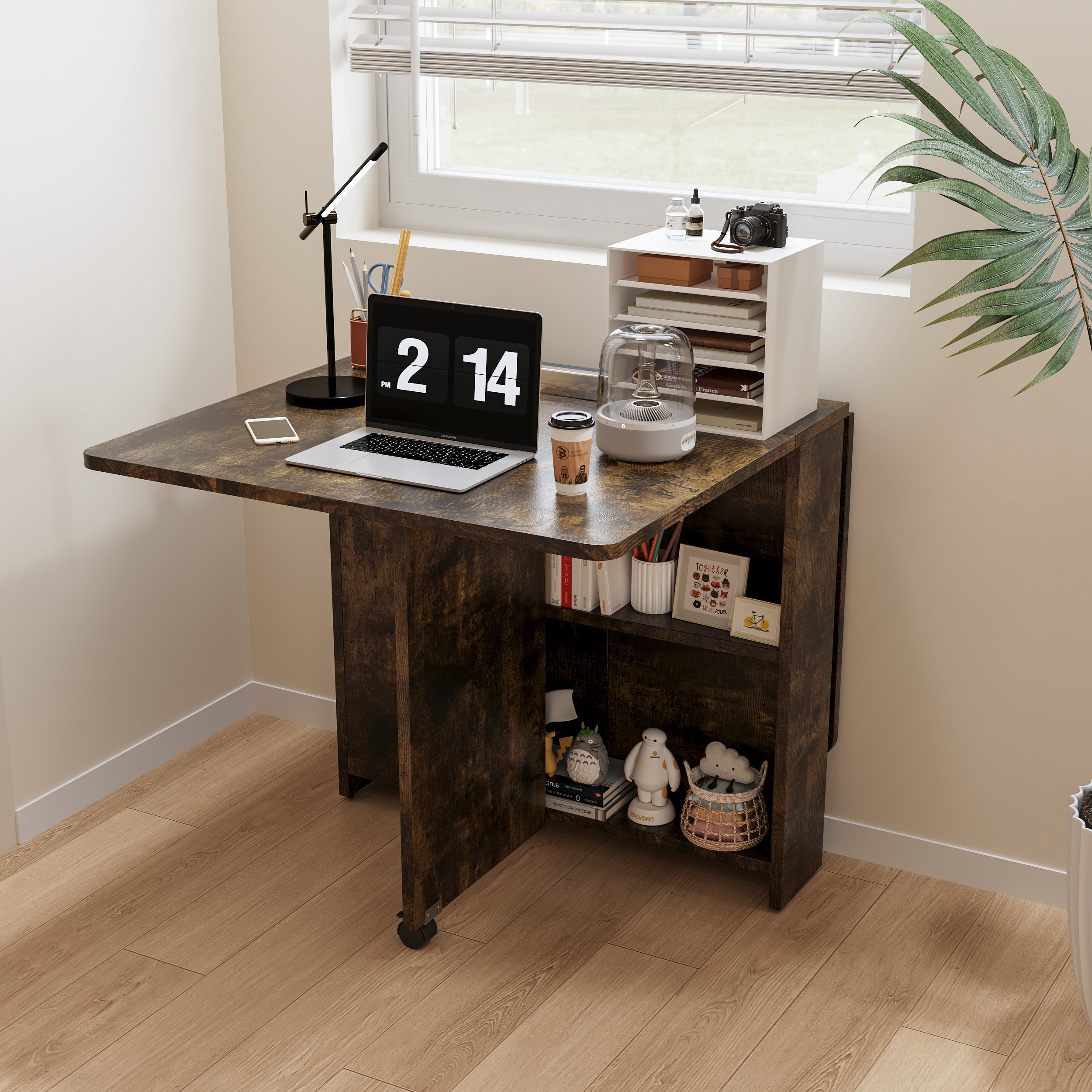 51.2" Convertible Brown Dining Table Cabinet with Wheels Perfect Foldable Table Design for Small Living room