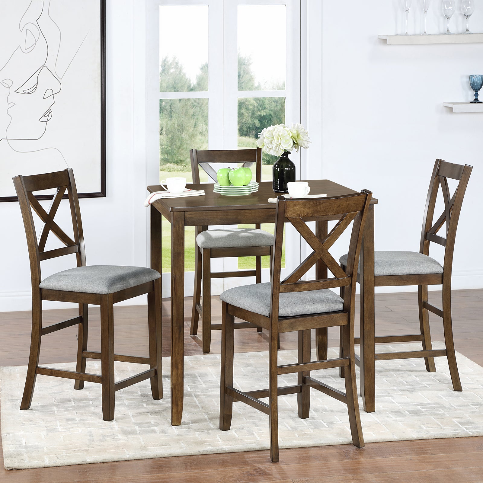 5 Piece Dining Table Set, Wooden Dining Square Table Set for 4, Counter Height Kitchen Table Set with Square Table and 4 Upholstered Chairs for Small Space, Walnut