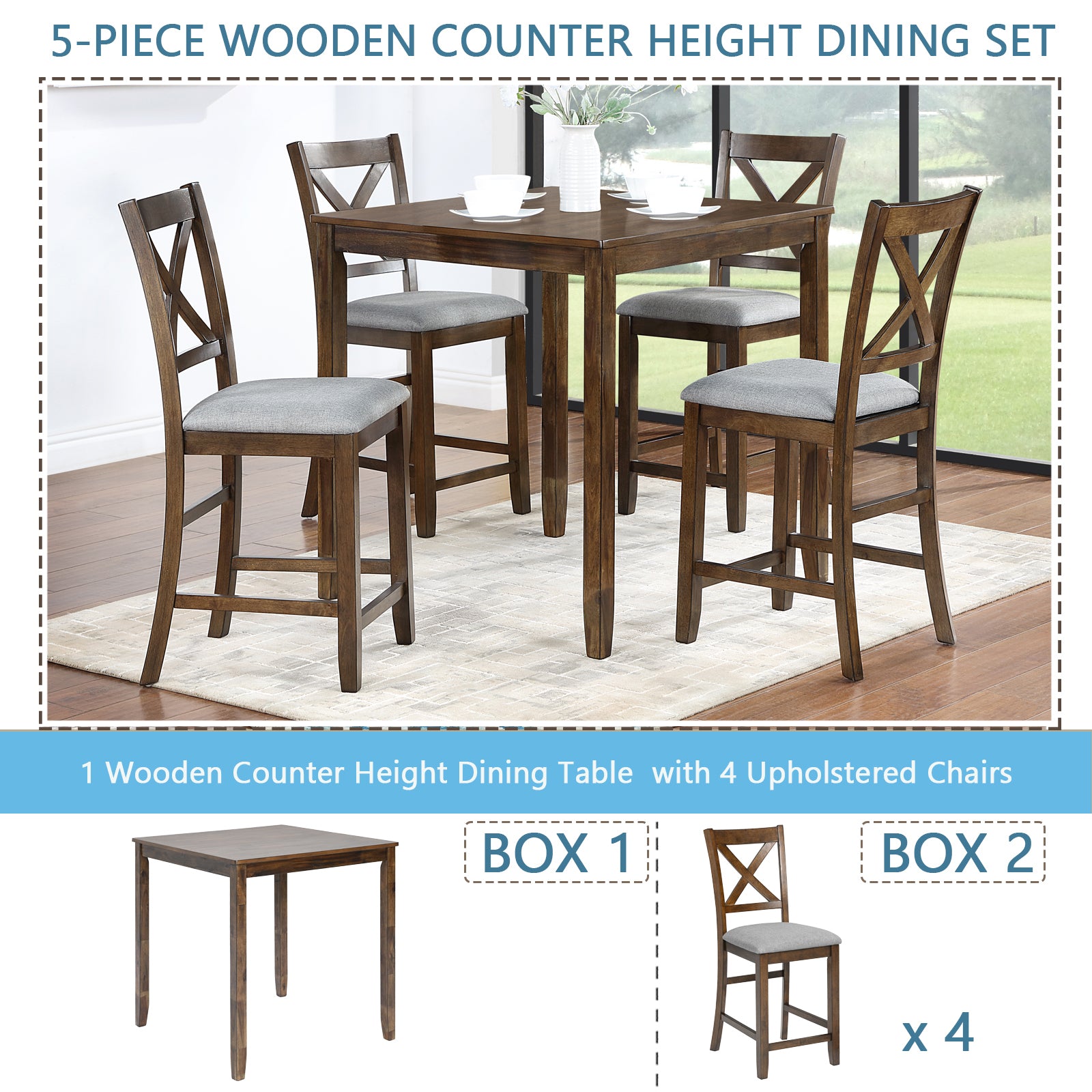 5 Piece Dining Table Set, Wooden Dining Square Table Set for 4, Counter Height Kitchen Table Set with Square Table and 4 Upholstered Chairs for Small Space, Walnut