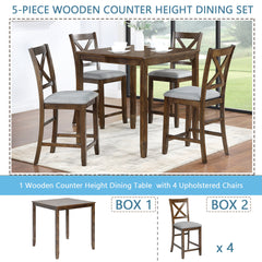 5 Piece Dining Table Set, Wooden Dining Square Table Set for 4, Counter Height Kitchen Table Set with Square Table and 4 Upholstered Chairs for Small Space, Walnut