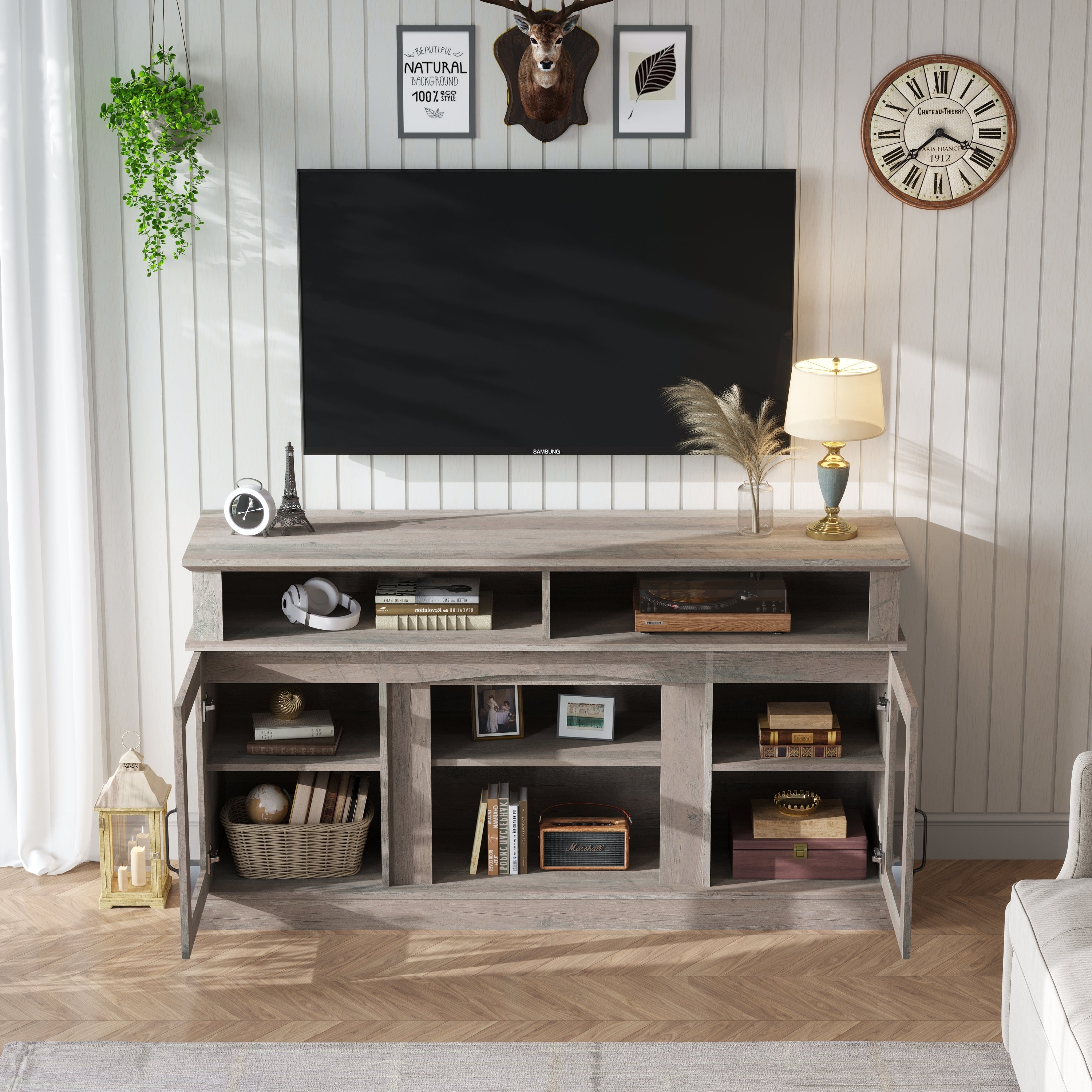 58 Inch TV Stand with Storage Cabinet and Shelves, TV Console Table Entertainment Center for Living Room,Bedroom