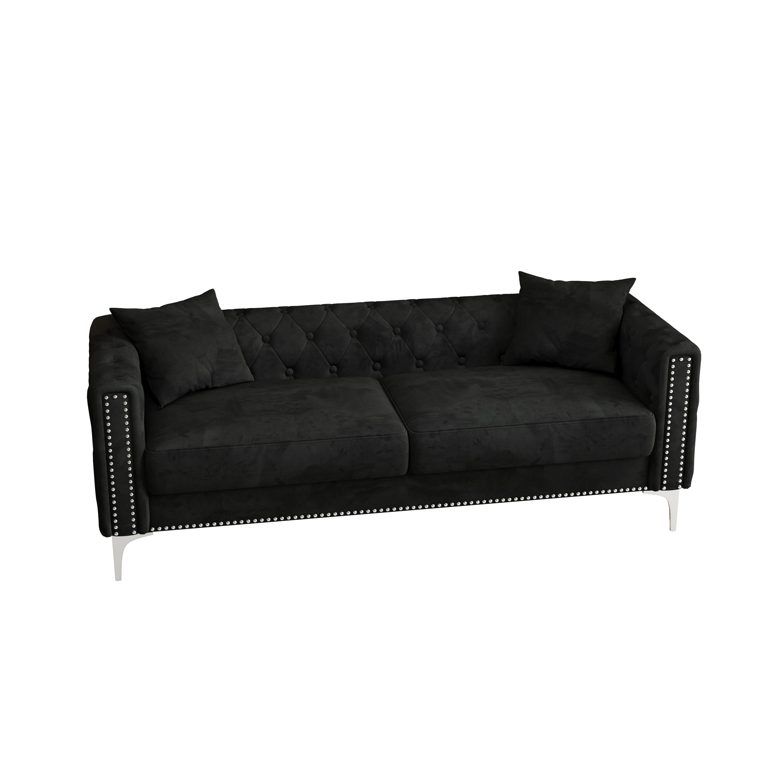 Luxurious 83" Black Velvet 3-Seater Sofa with 2 Pillows - Perfect Design for Living Room