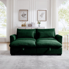 Corduroy Two-Seater Sofa with 2 Storage Footrest,2 Seater Sectional  deep seat sofa,Comfy Couches for Living Room,Green Sofa