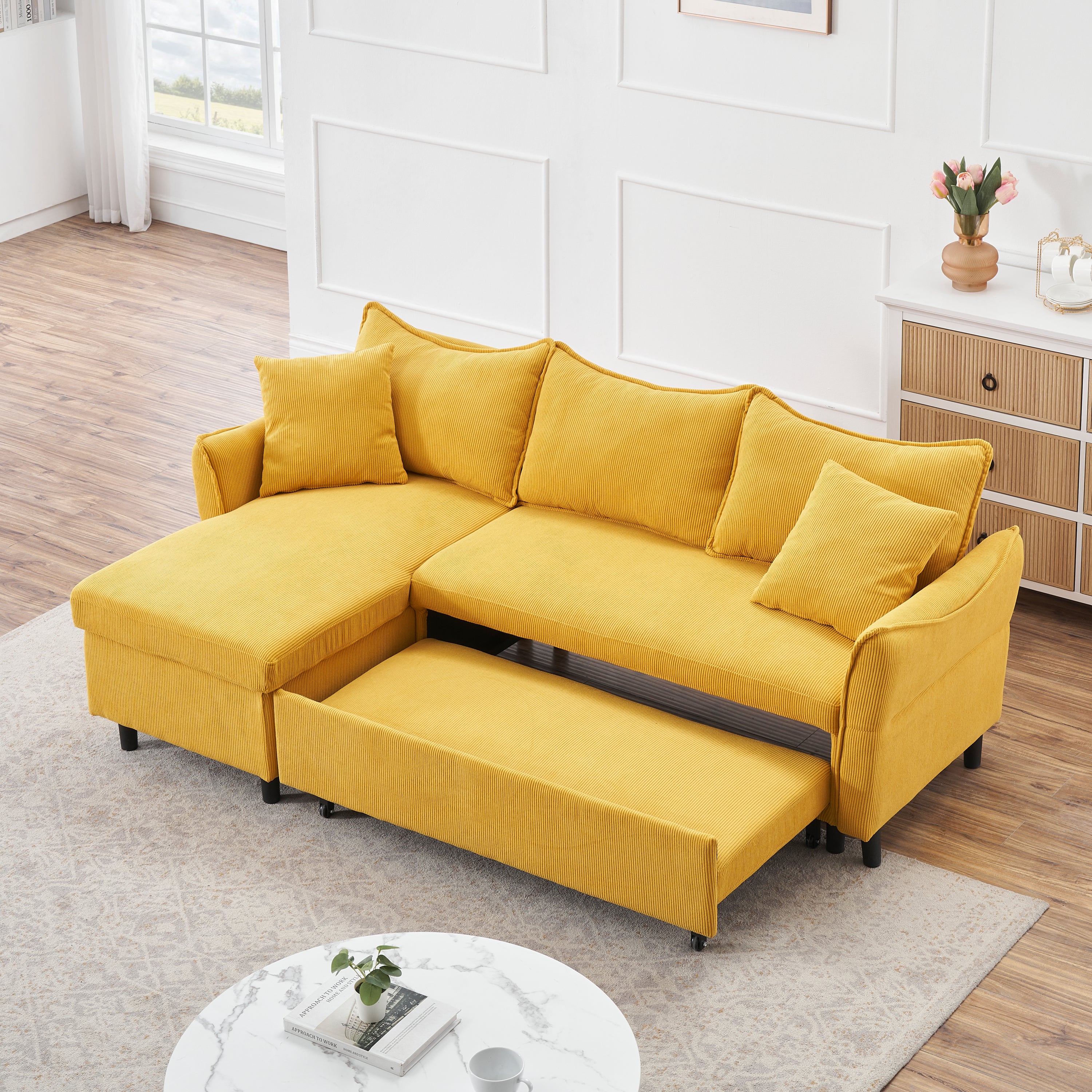 80" Yellow Corduroy L-Shaped Sofa Bed With Two Small Pillows - 3-Seater Sleeper Sofa With Storage For Living Room