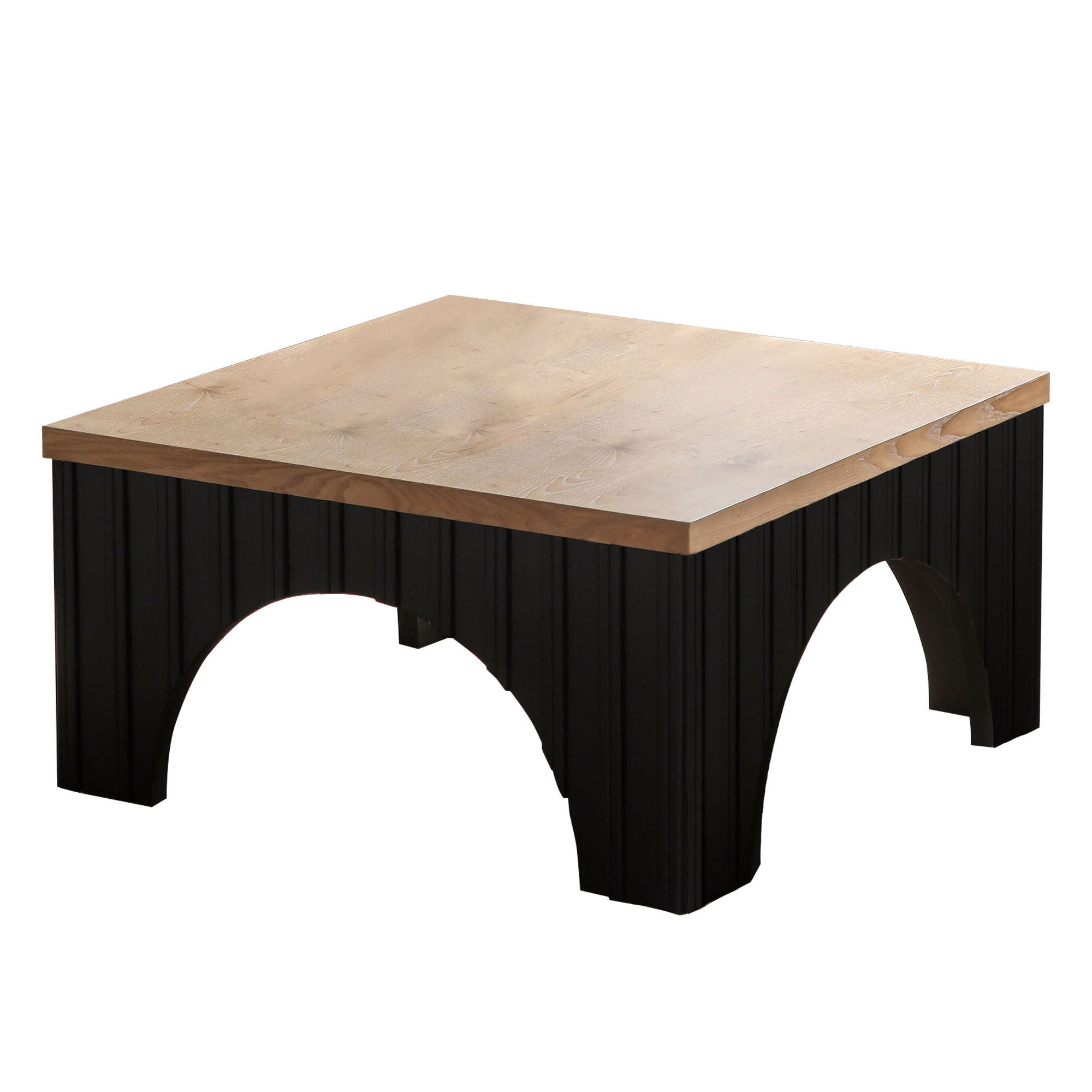 Modern Rustic Wooden Coffee Table with Black Base – Solid Wood Top and Arch Design Legs, Perfect for Living Room, Office, or Lounge