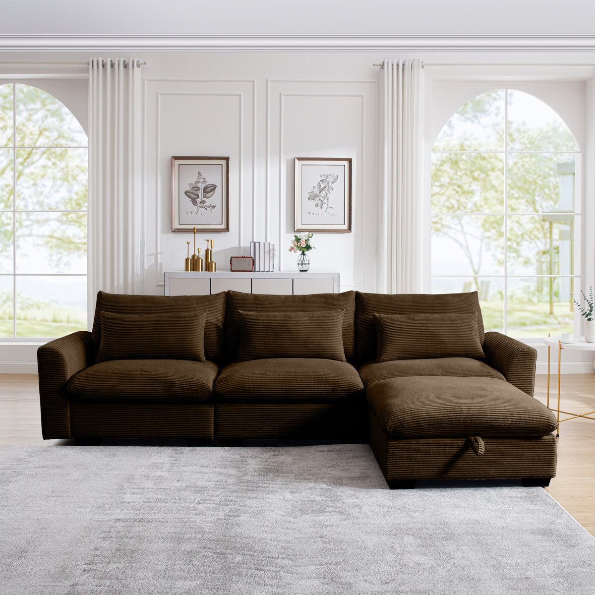 Corduroy Sectional Sofa,  L Shaped Couch with Storage Footstool and 3 Pillow, Sectional Couch for Living Room Apartment, Brown