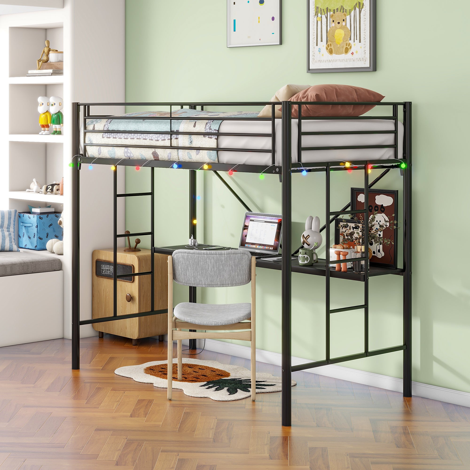 Twin Metal Loft Bed with Desk, Power Outlet & LED Light - Black