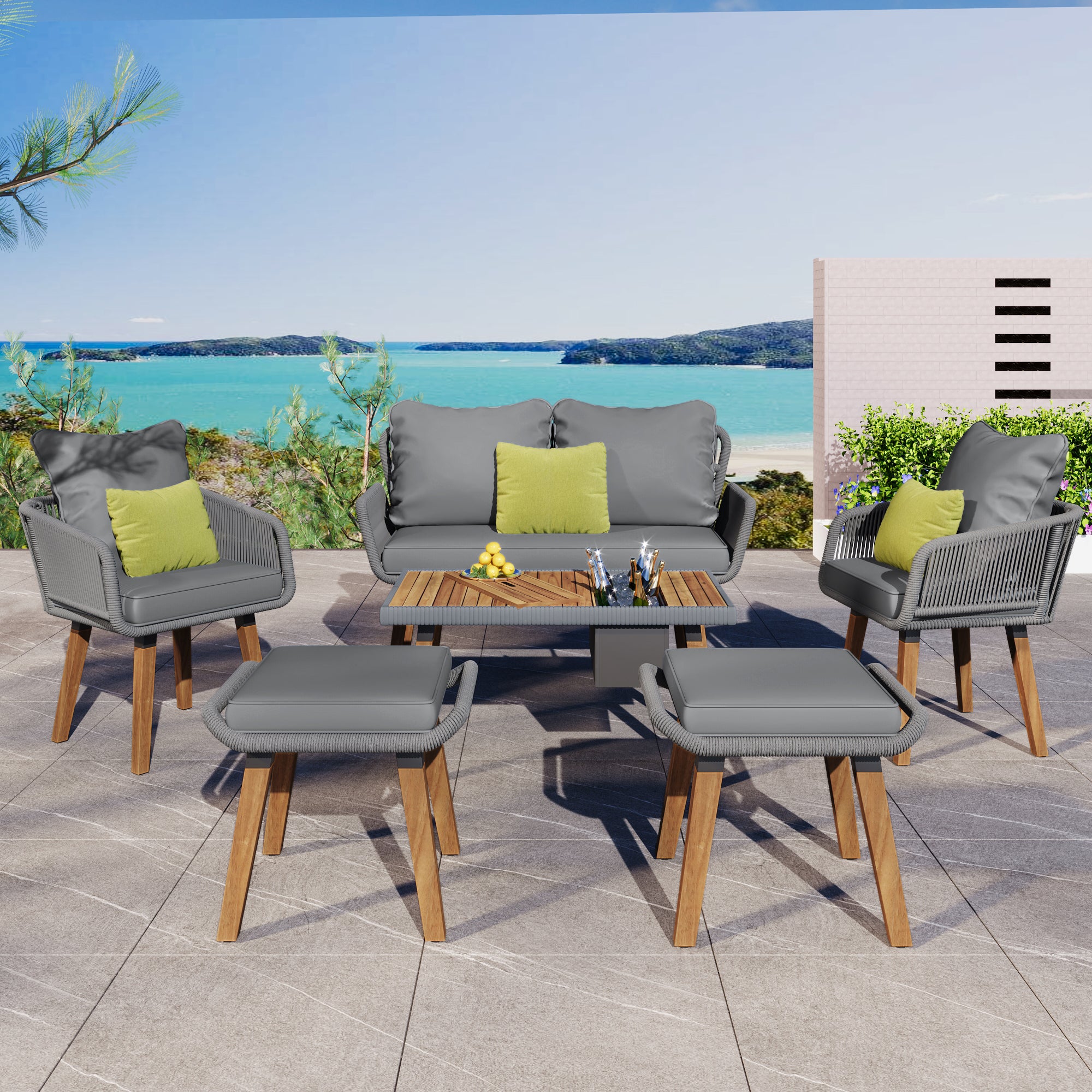 K&K 6-Piece Rope Patio Furniture Set, Outdoor Furniture with Acacia Wood Cool Bar Table with Ice Bucket , Deep Seat Patio Conversation Set with Two Stools for Backyard Porch Balcony (Grey)