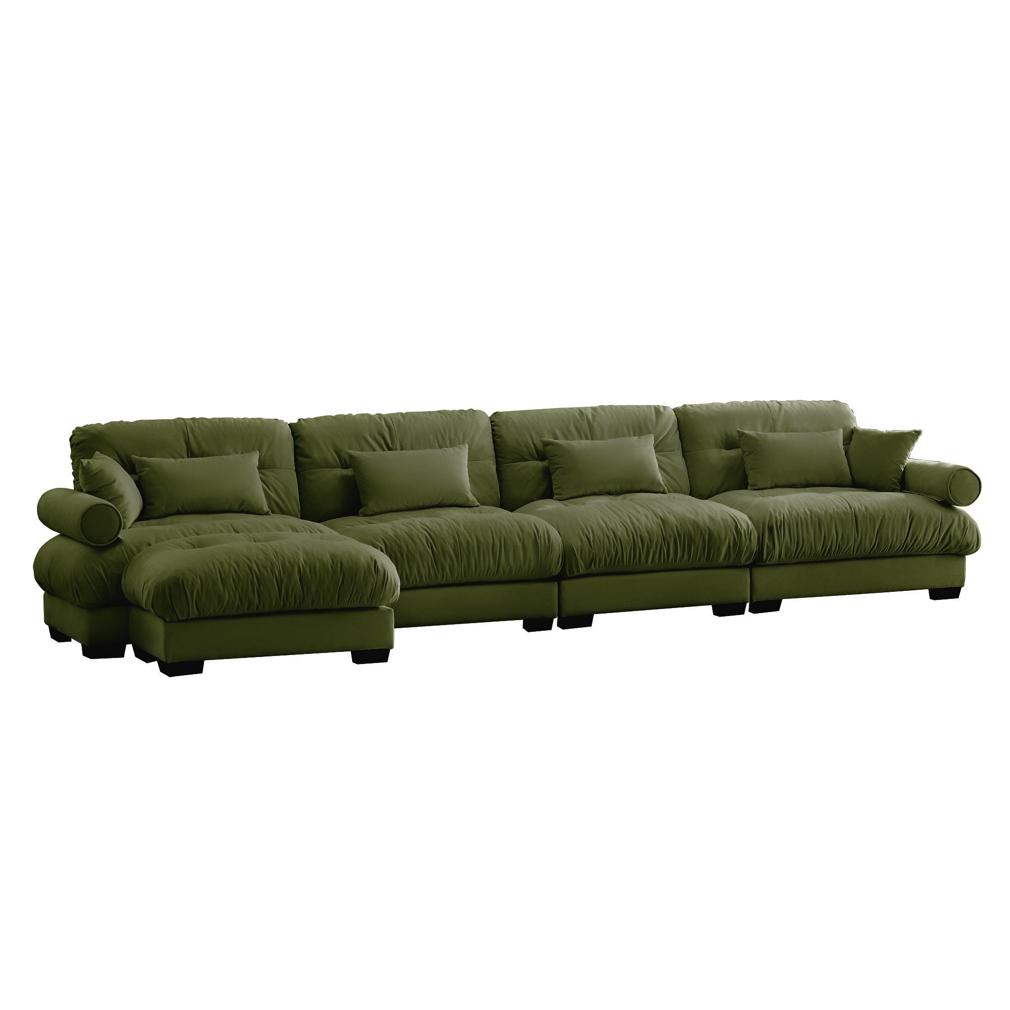 L-Shaped Convertible 4-Seater Cloud Sofa, Modern Velvet with Pillows and Bolstered Armrests,Olive green