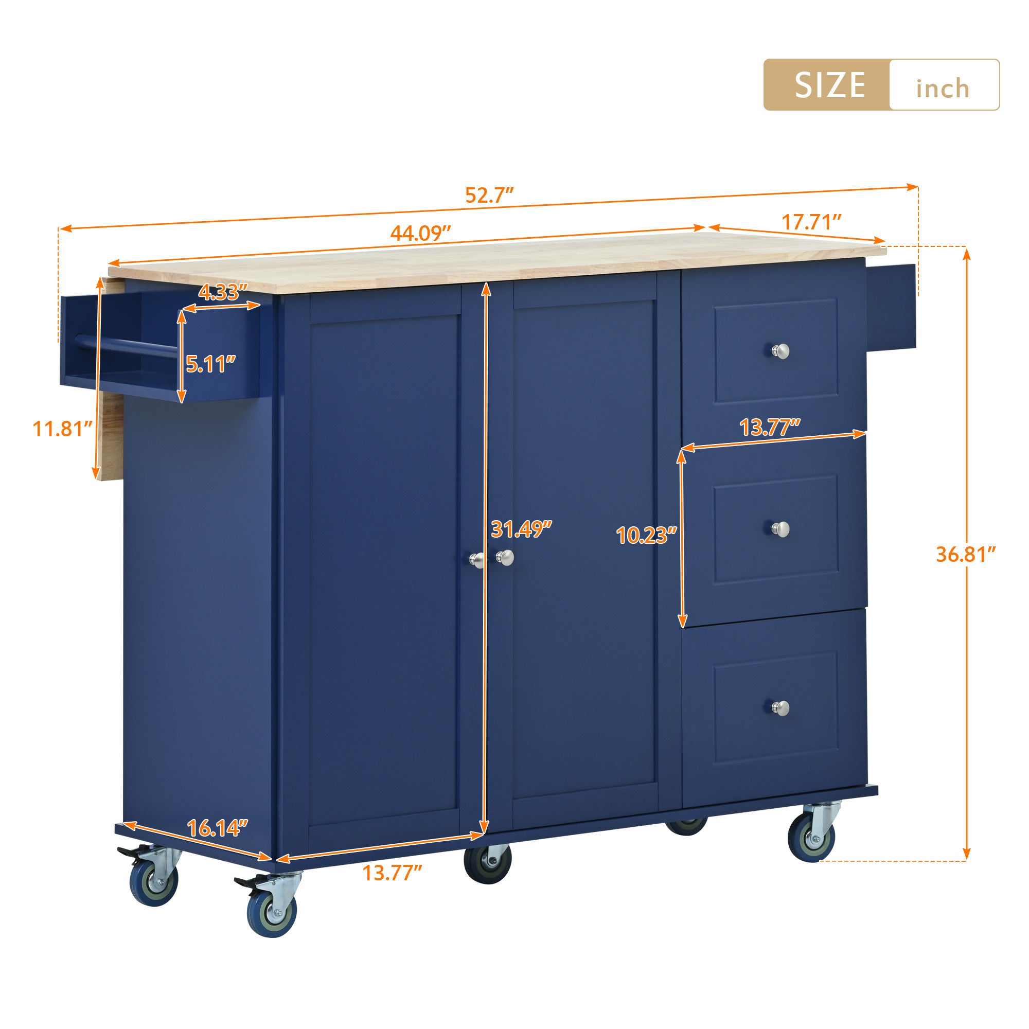 52.7" Rolling Mobile Kitchen Island with Drop Leaf - Solid Wood Top, Locking Wheels & Storage Cabinet, Dark blue