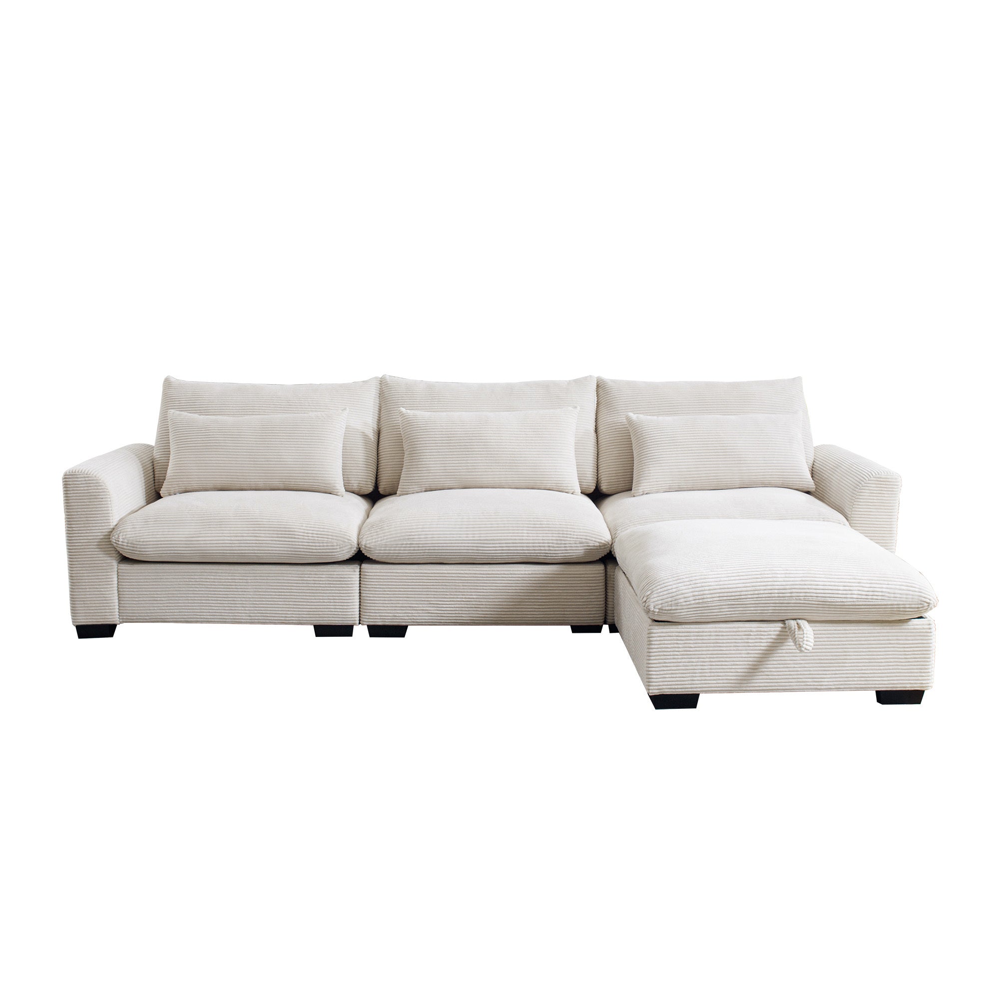 Corduroy Sectional Sofa,  L Shaped Couch with Storage Footstool and 3 Pillow, Sectional Couch for Living Room Apartment, Beige