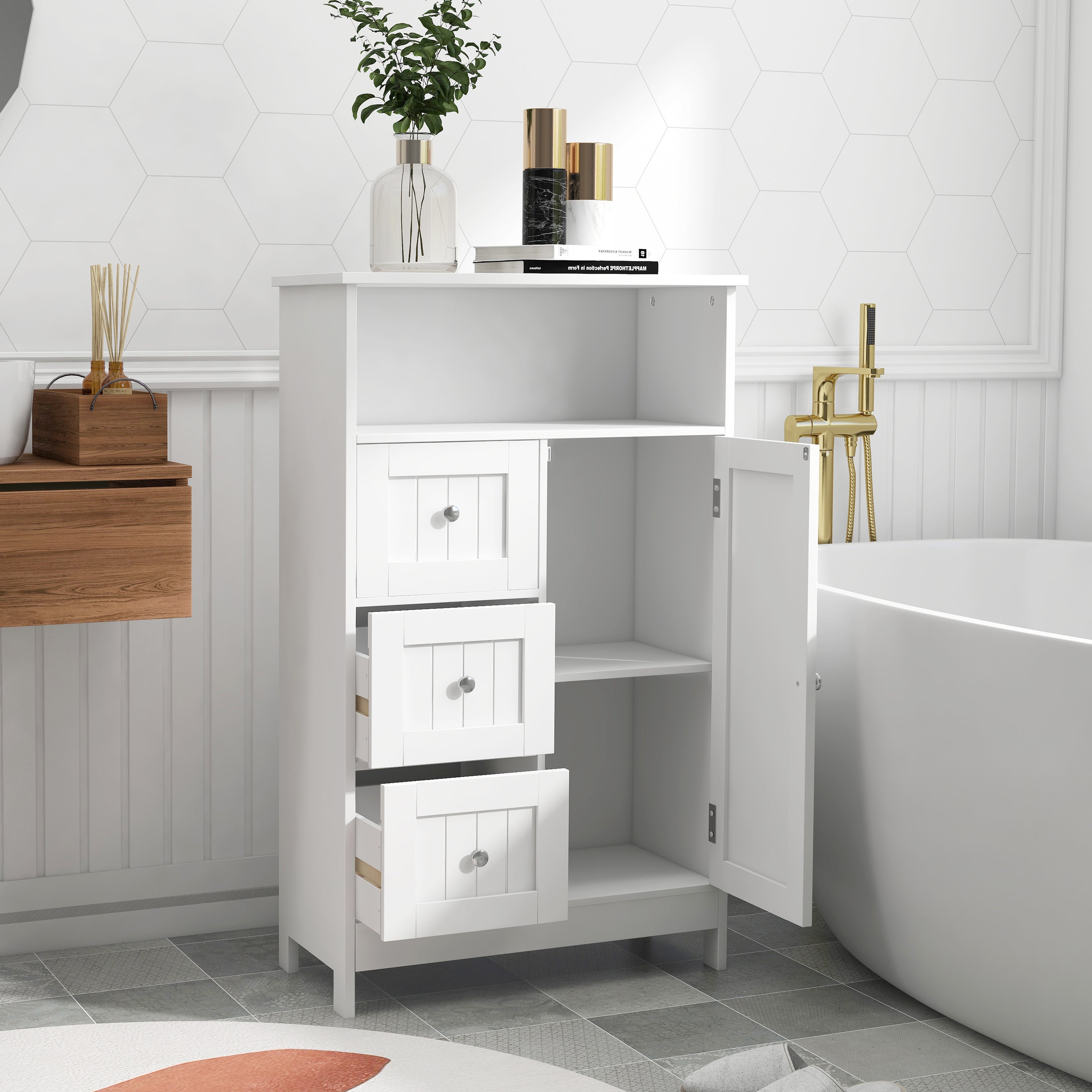 Bathroom standing storage cabinet with 3 drawers and 1 door-White