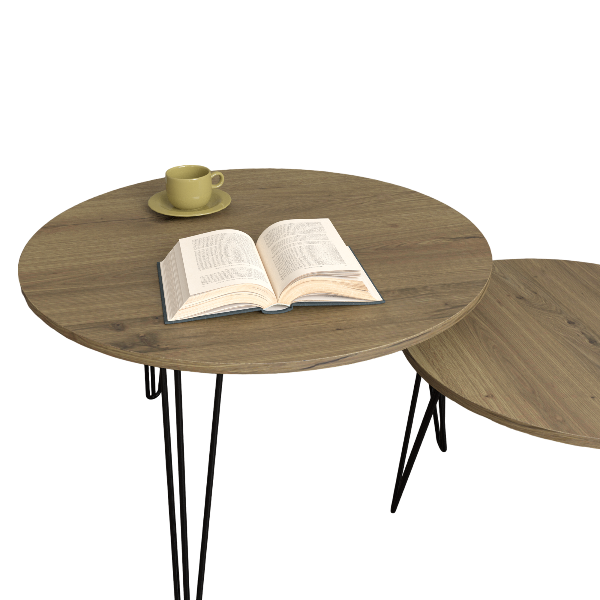 27.56'' Round Nesting Coffee Table Set of 2, Circular Nesting End Table Set, Round Wooden Tabletop, and Sturdy Metal Base for Living Room, bedroom, Brown