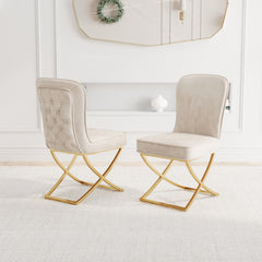 Dining Chair Set of 2, Beige velvet Backrest and golden Metal legs.For Modern Kitchen Dining Room Chair for Kitchen Living Modern decorative Leisure chairs.Office chairs