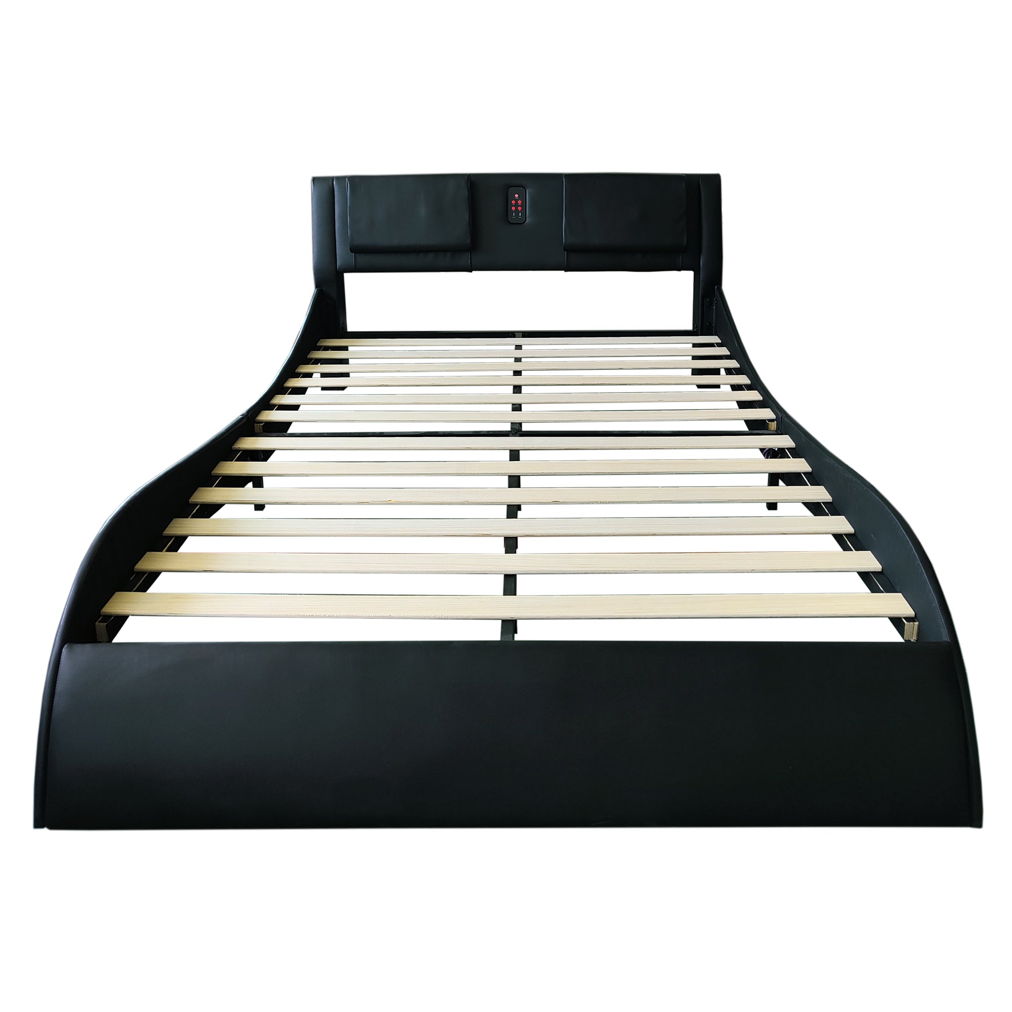 Faux Leather Upholstered Platform Bed Frame with led lighting, Bluetooth connection to play music control, Backrest vibration massage, Curve Design, Wood Slat Support, One-Carton Package, Queen