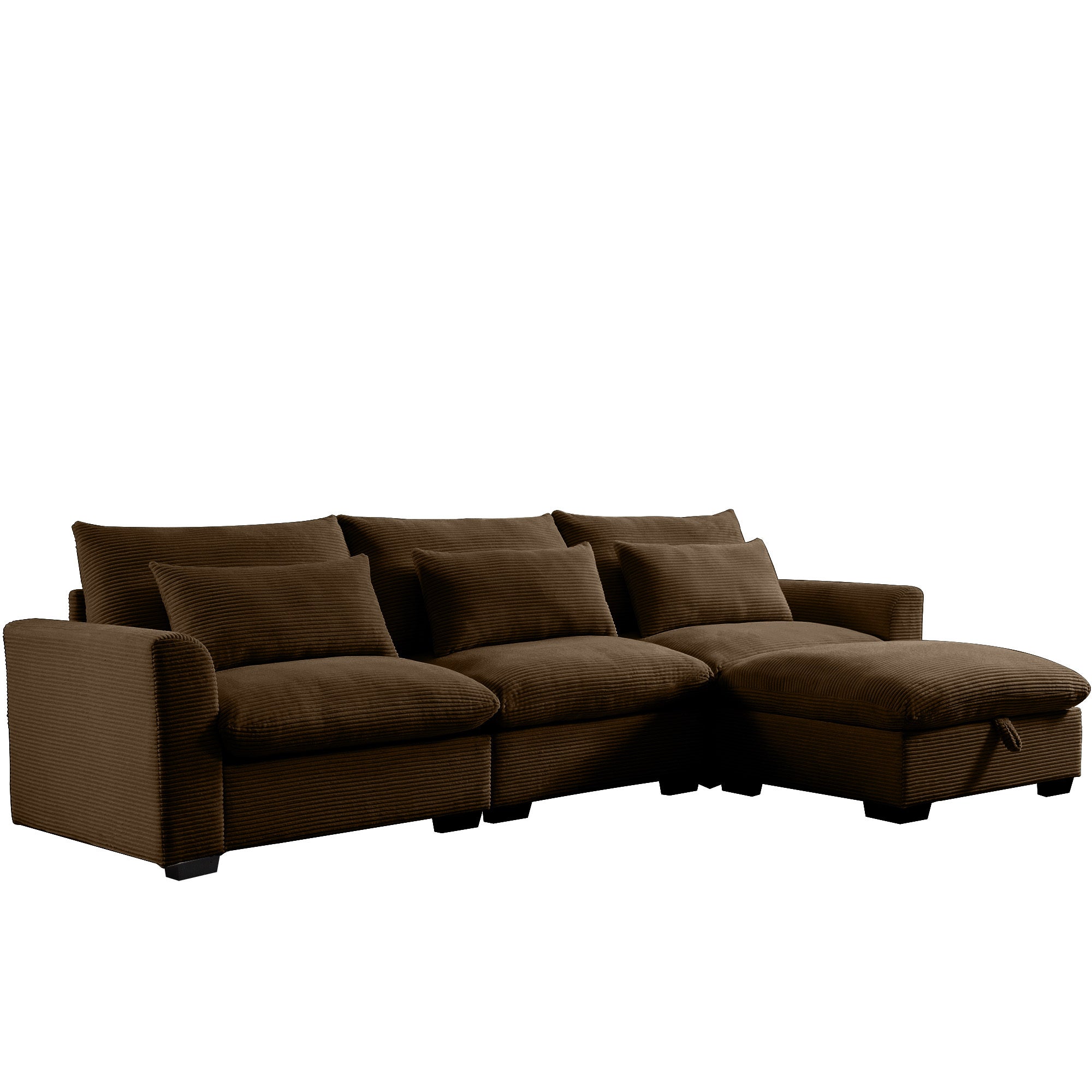 Corduroy Sectional Sofa,  L Shaped Couch with Storage Footstool and 3 Pillow, Sectional Couch for Living Room Apartment, Brown