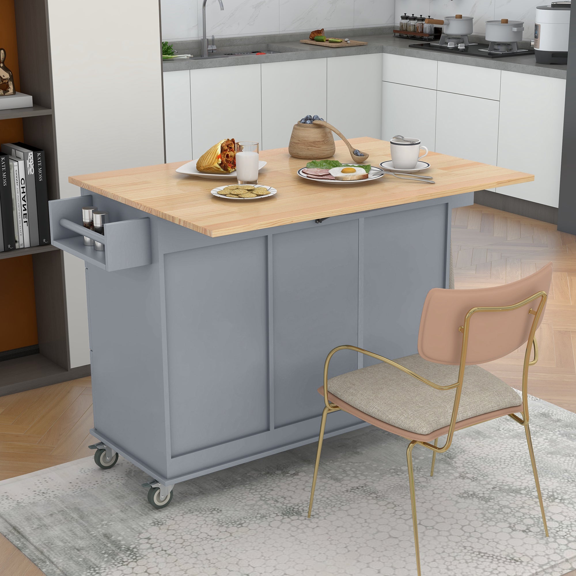 52.7" Rolling Mobile Kitchen Island with Solid Wood Top and Locking Wheels, Grey Blue