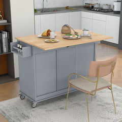 52.7" Rolling Mobile Kitchen Island with Solid Wood Top and Locking Wheels, Grey Blue