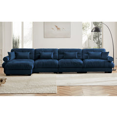 L-Shaped Convertible 4-Seater Cloud Sofa, Modern Velvet with Pillows and Bolstered Armrests, Blue