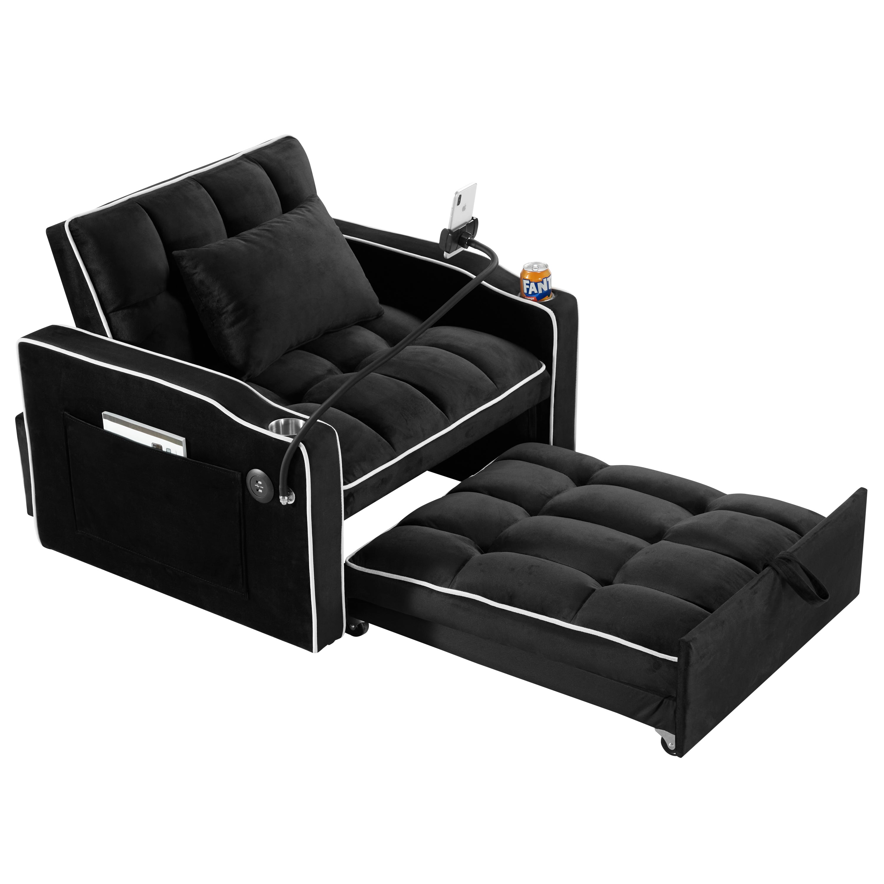 Convertible Chair Sofa Bed, Adjustable Pull-Out Design with Multi-Pockets for Living Room and Small Spaces, Black