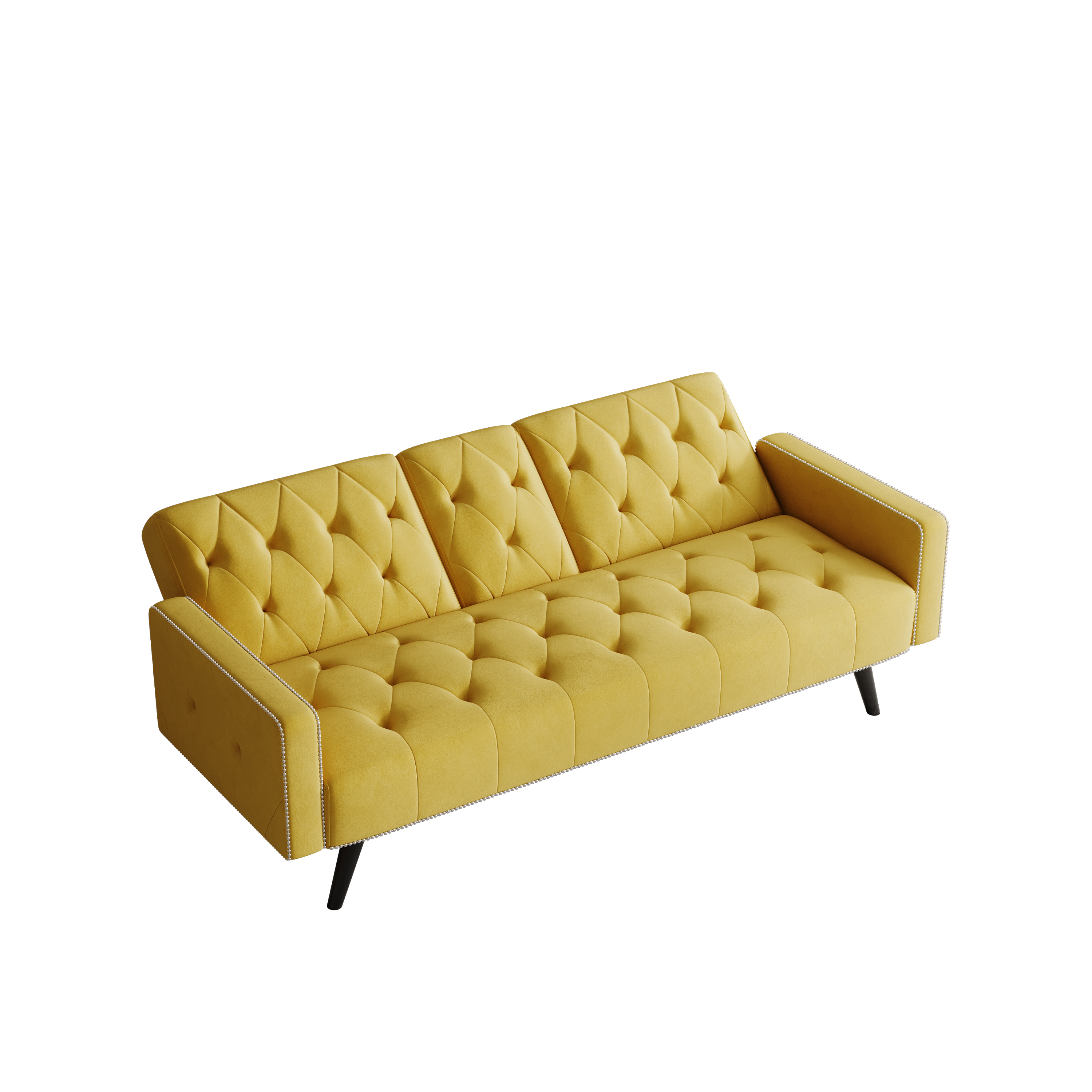 72" Yellow Velvet Sofa Bed with Nail Head Trim & Two Cup Holders Sleeper Sofa for Small Living Room