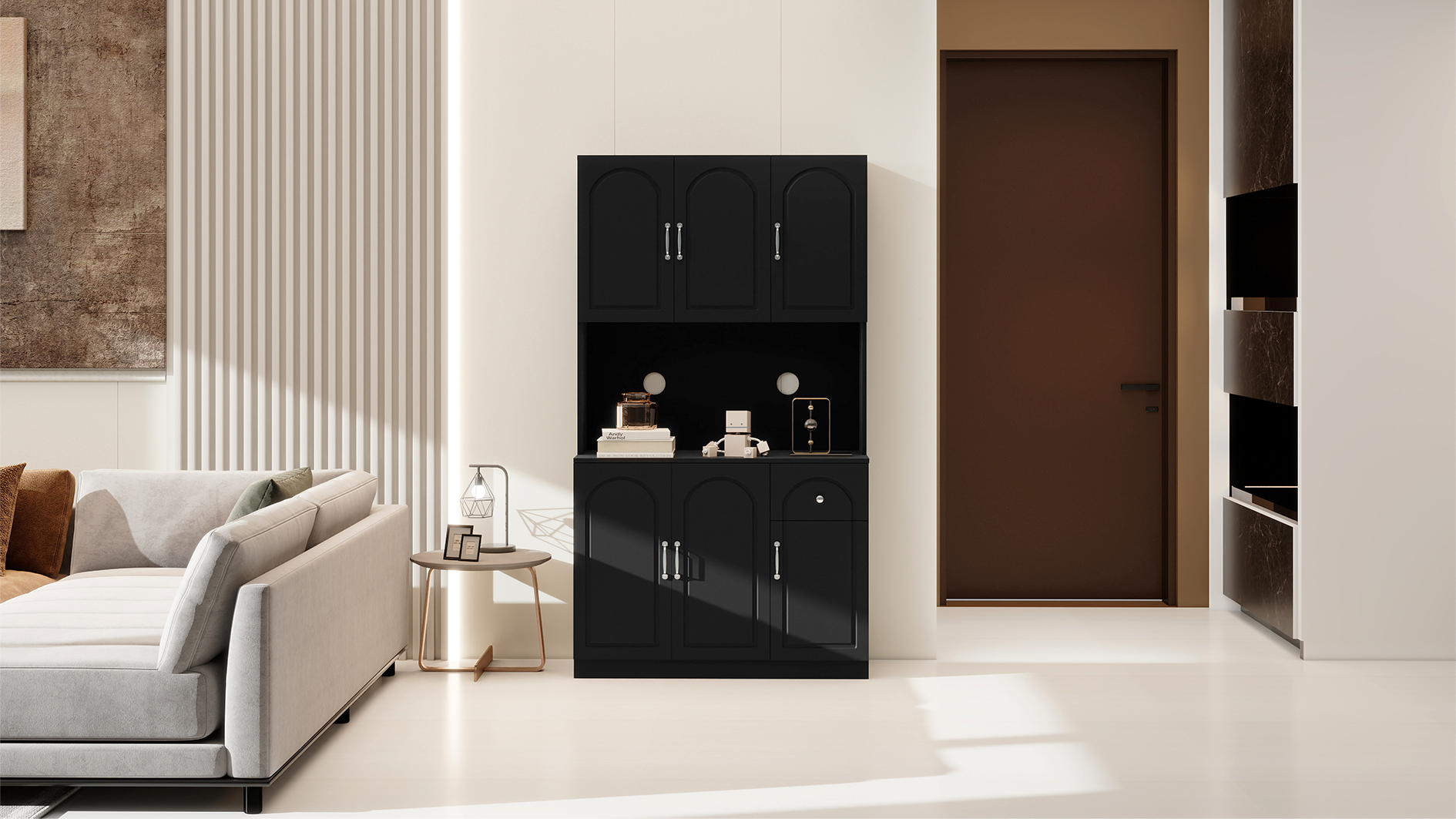 71" Kitchen Pantry Storage Cabinet with Microwave Oven Countertop, Freestanding Hutch Cabinet with Adjustable Shelves, 6 Doors and 1 Drawer-Black