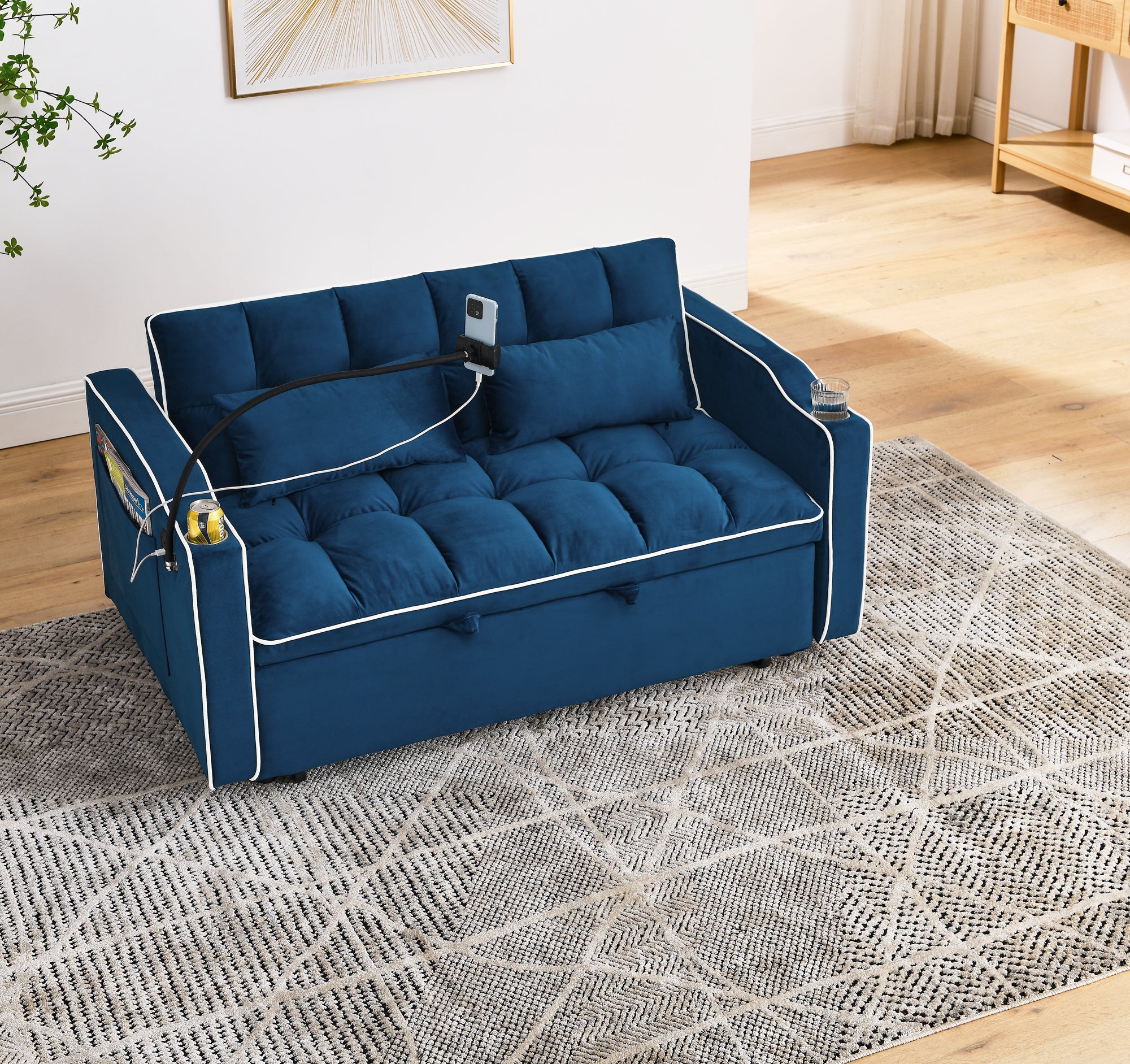 55.51" Foldable Velvet Sofa Bed with Adjustable Back, Pull-Out Design with USB Port, Ashtray, and Swivel Phone Stand, Blue