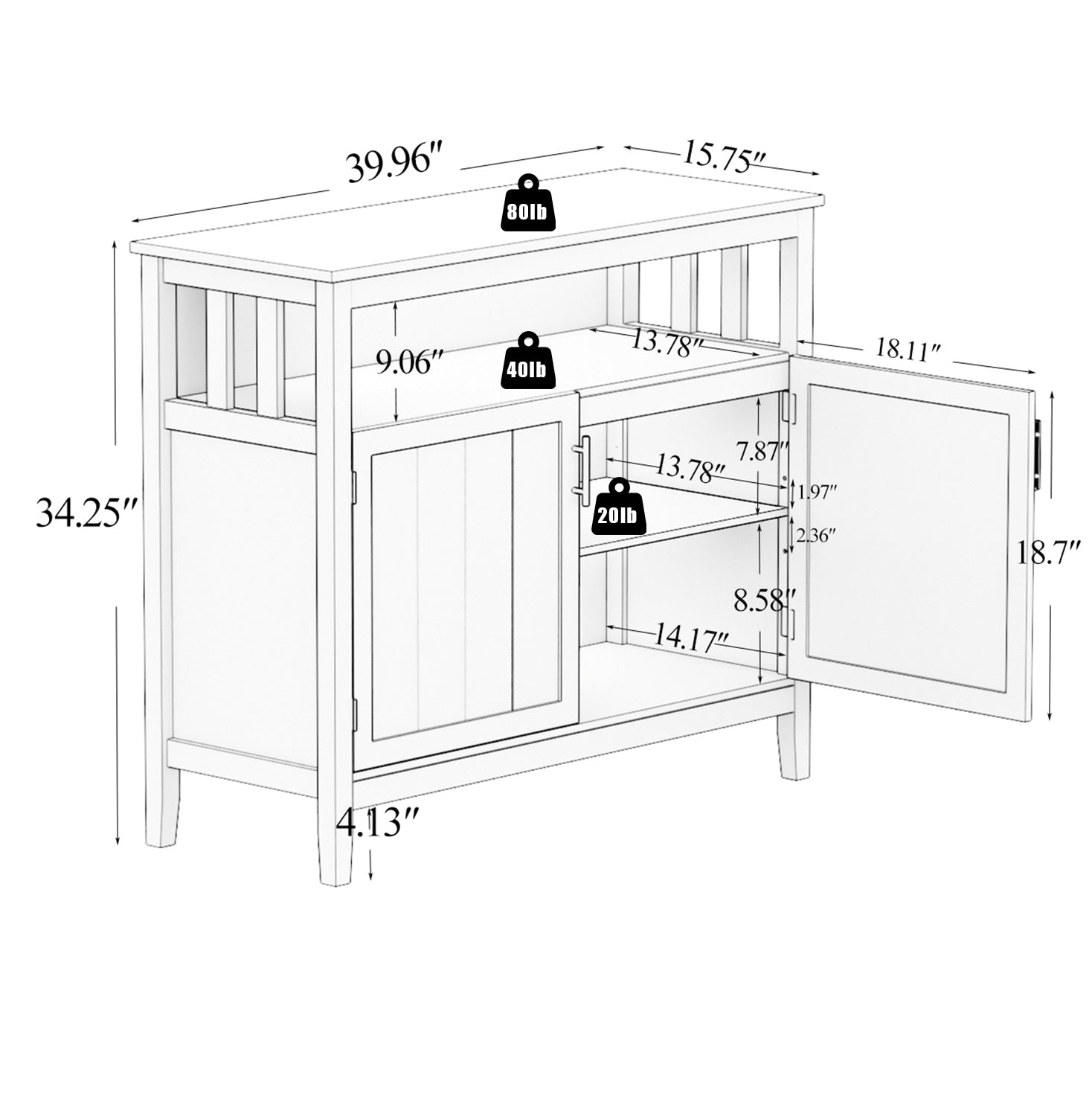 40" White MDF Sideboard with Doors for Storage - Ideal Buffet Design for Dining Room