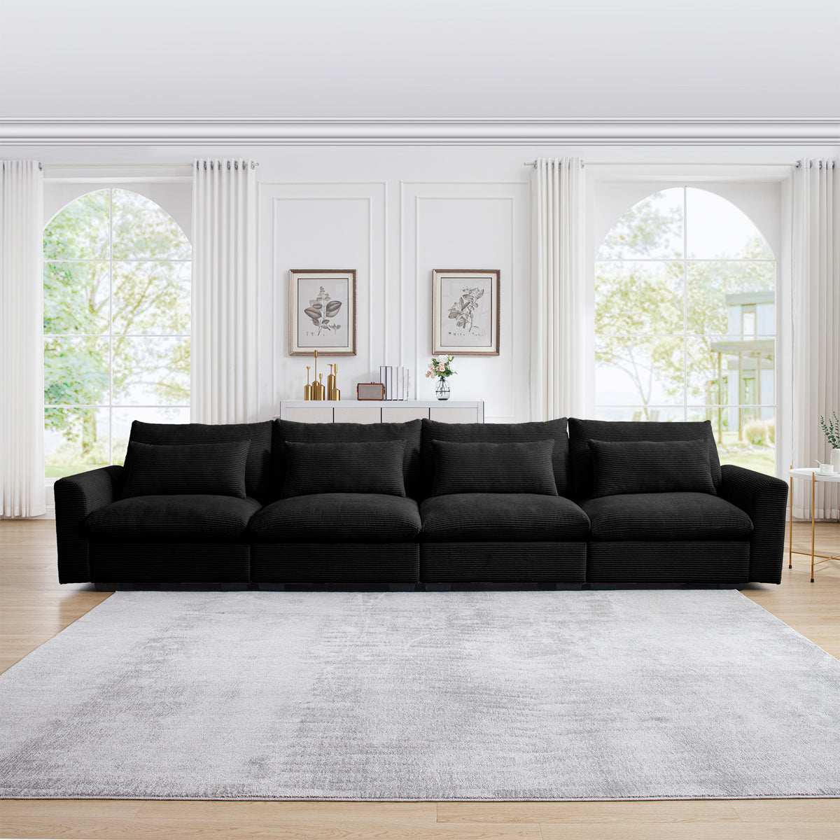 4 Seater Deep Seat Couches for Living Room, Comfy Black Corduroy Sofas for Living Room Modern with 4 Waist Pillows