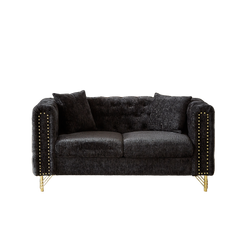 60-Inch Chenille Pull Buckle Design Sofa for Living Room,Buttons Tufted With Copper Nail Decoration Armrest, Modern Couch Upholstered Button And Metal Legs