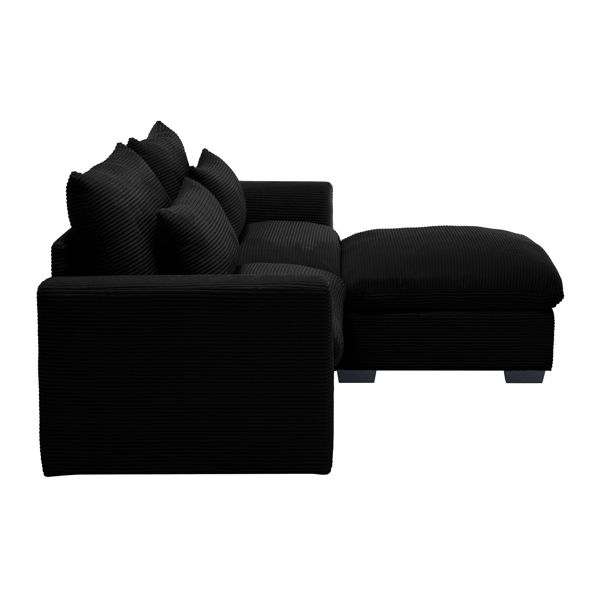 Sectional Sofa Comfy Corduroy Couch for Living Room with Pillows and Round Armrests, Modern Corduroy Sofa Sleeper Deep Couches with Storage Ottoman (Black, 2-Seat)