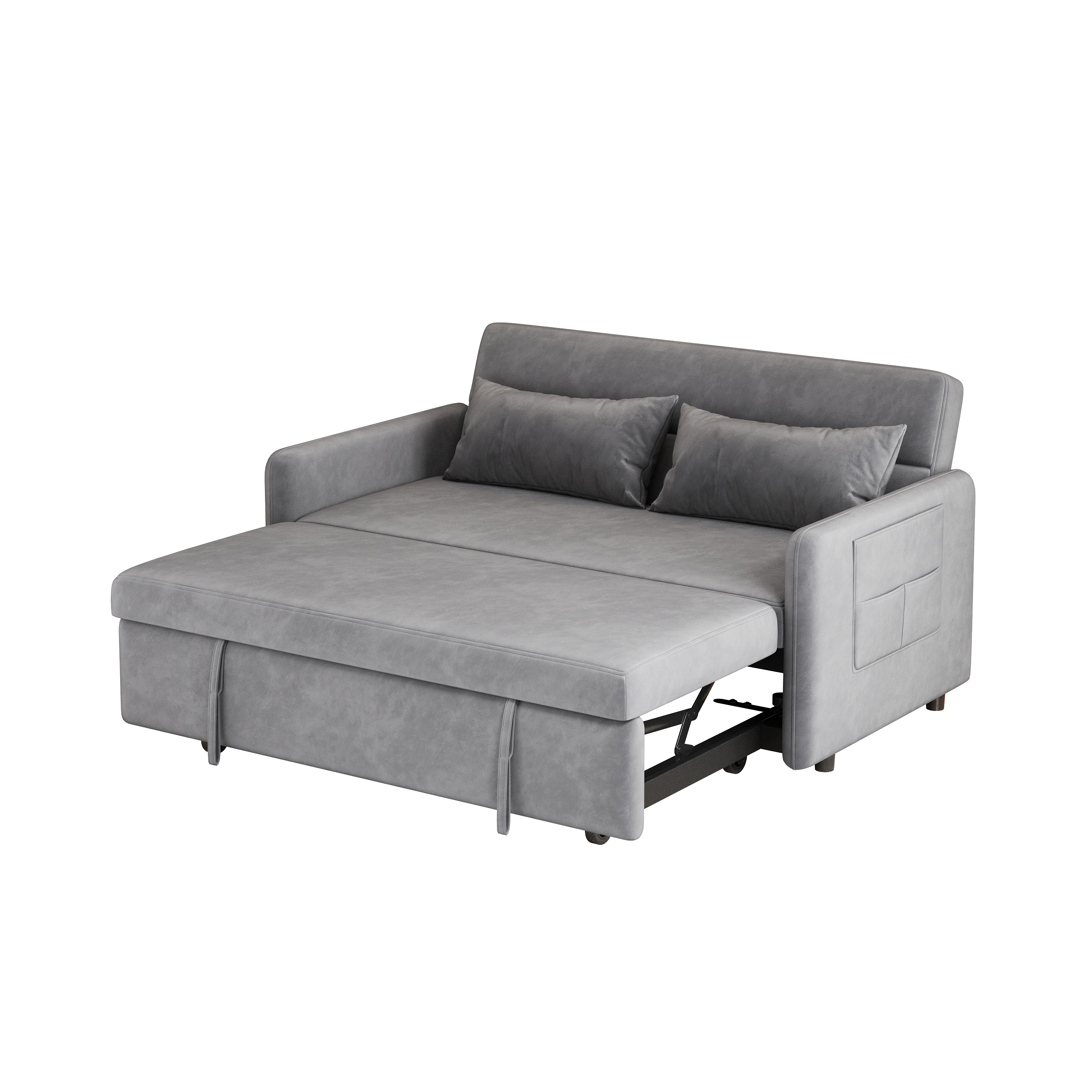 Modern 54" Gray Pull-Out Sofa With Two Pillows Velvet Loveseat For Small Living Room