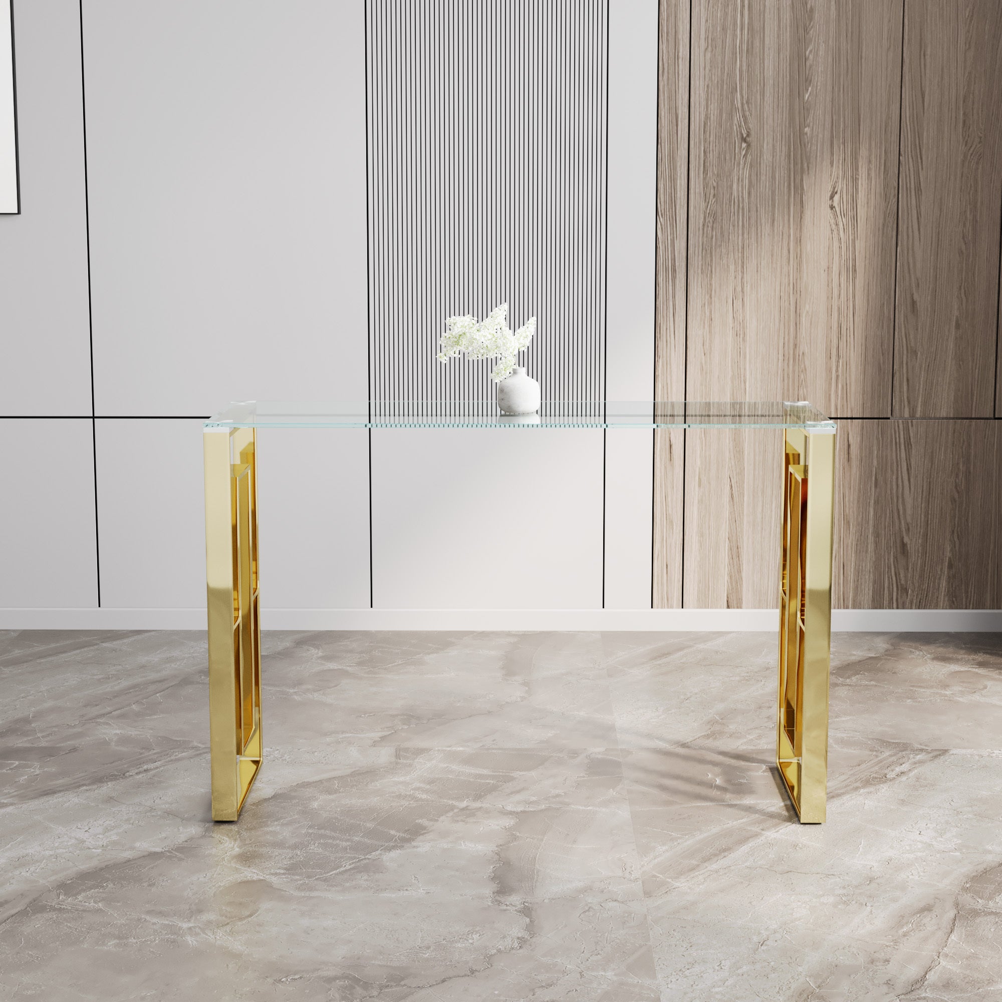 Console Table Stainless Steel Glass,Meal side table Golden Clear