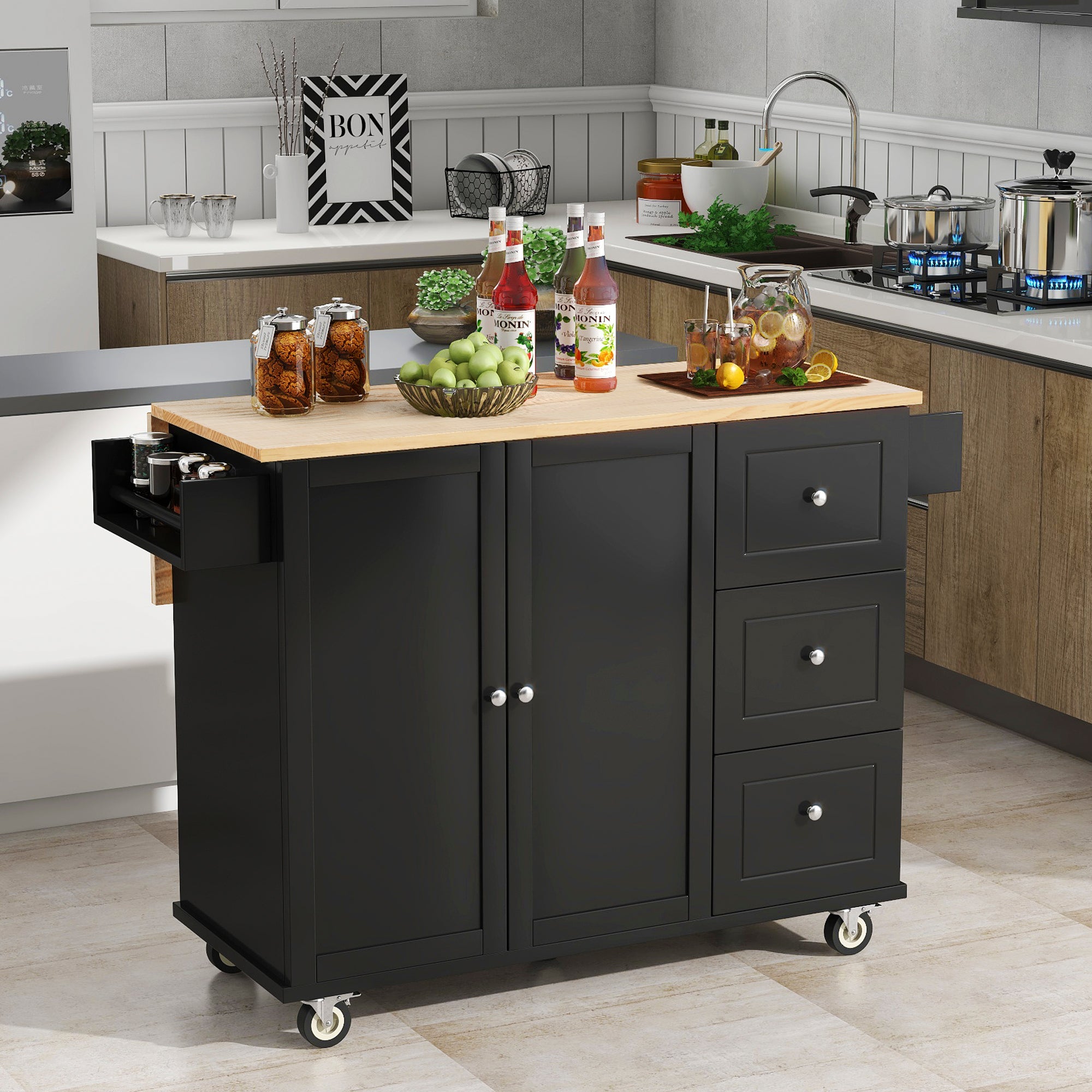 Black Rolling Mobile Kitchen Island with Solid Wood Top and Locking Wheels,52.7" Width with Storage Cabinet and Drop Leaf