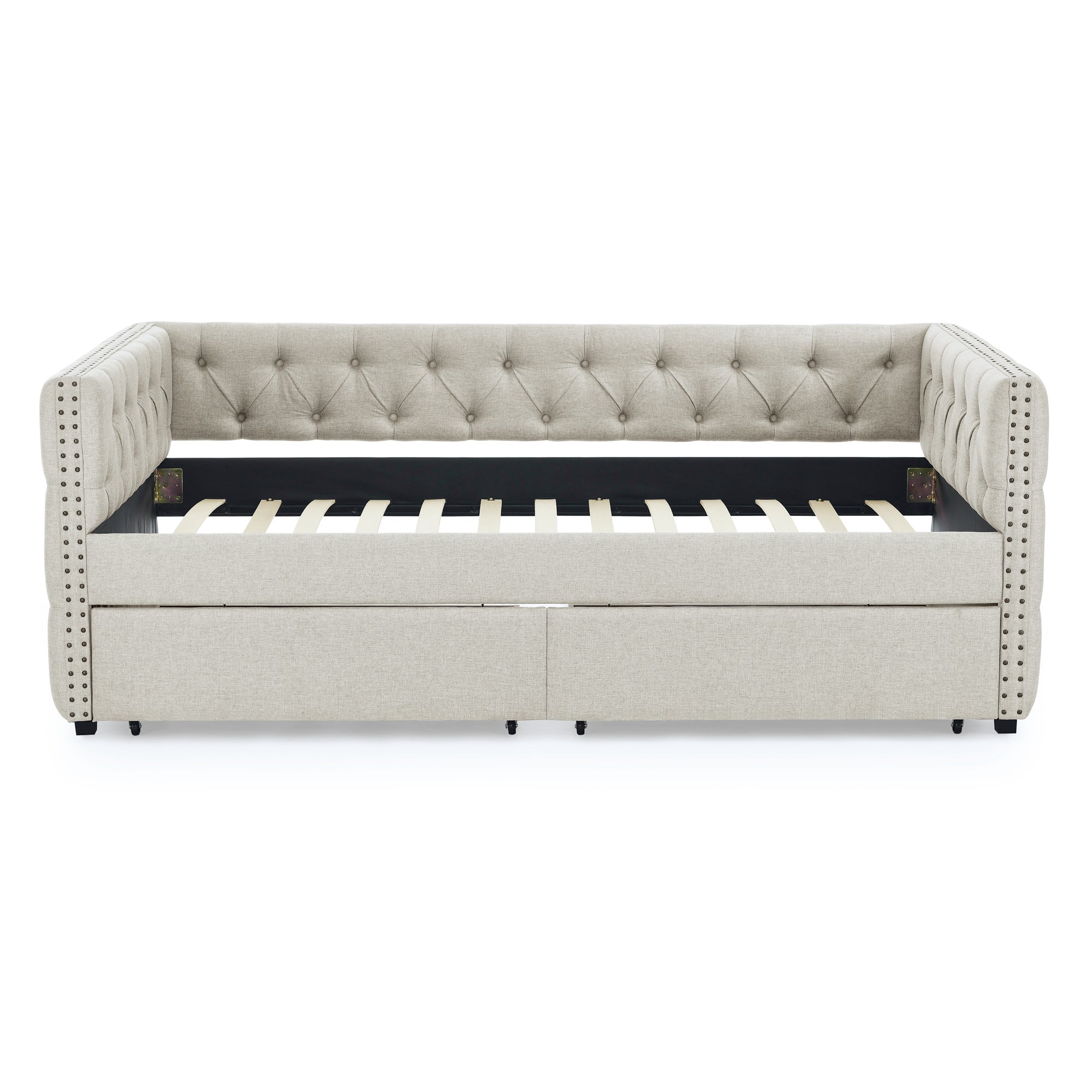 Upholstered Twin Size Daybed with Two Drawers, with Button and Copper Nail on Square Arms, Beige (82.75''x43''x30.75'')