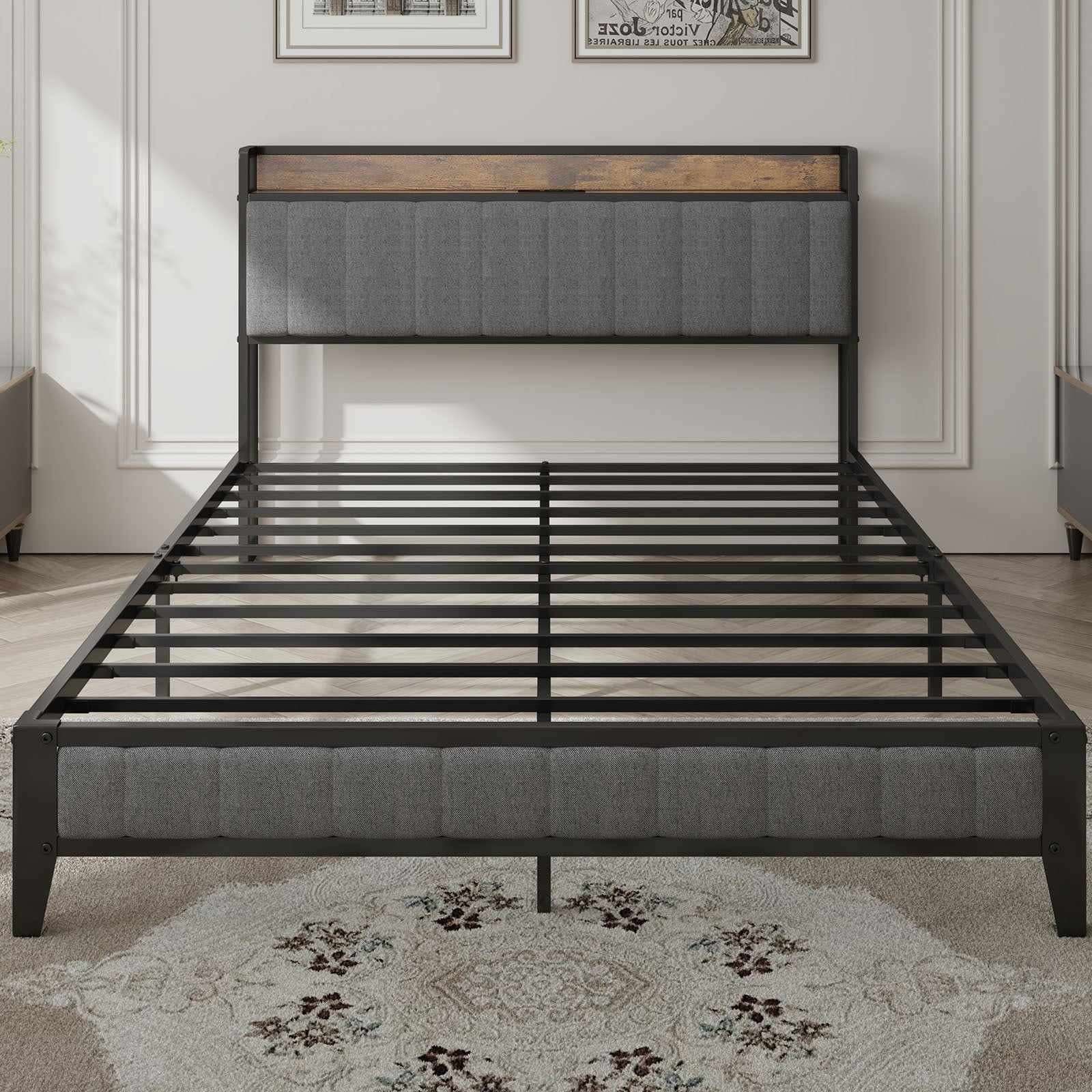 Full Size Bed Frame with Charging Station, Upholstered Headboard, Metal Platform, Grey