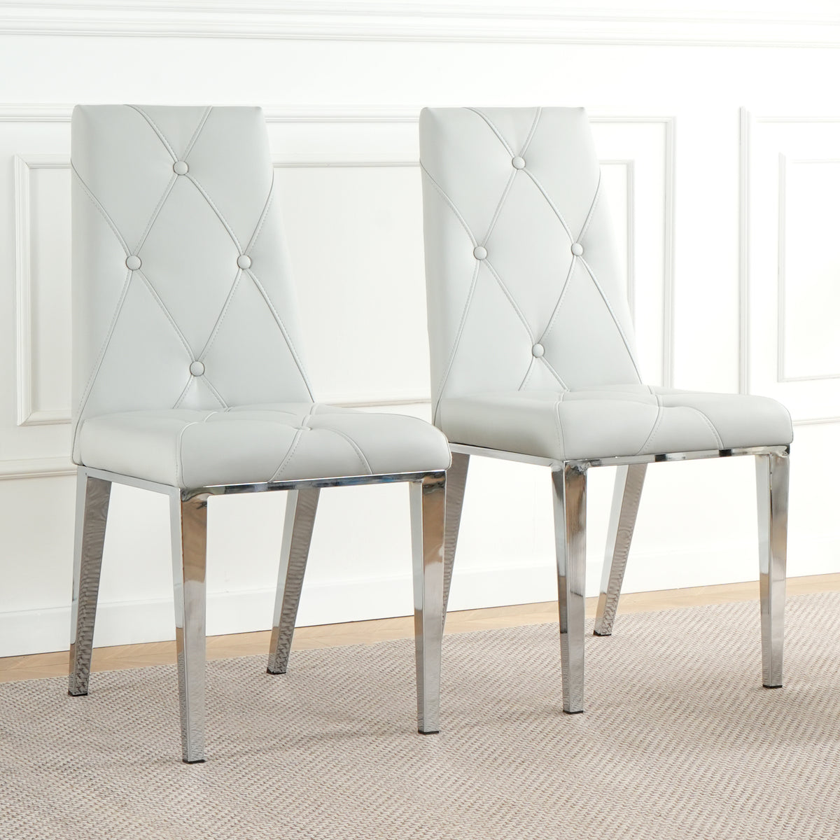 Light Grey PU Dining Chair with Electroplated Legs (Set of 2)