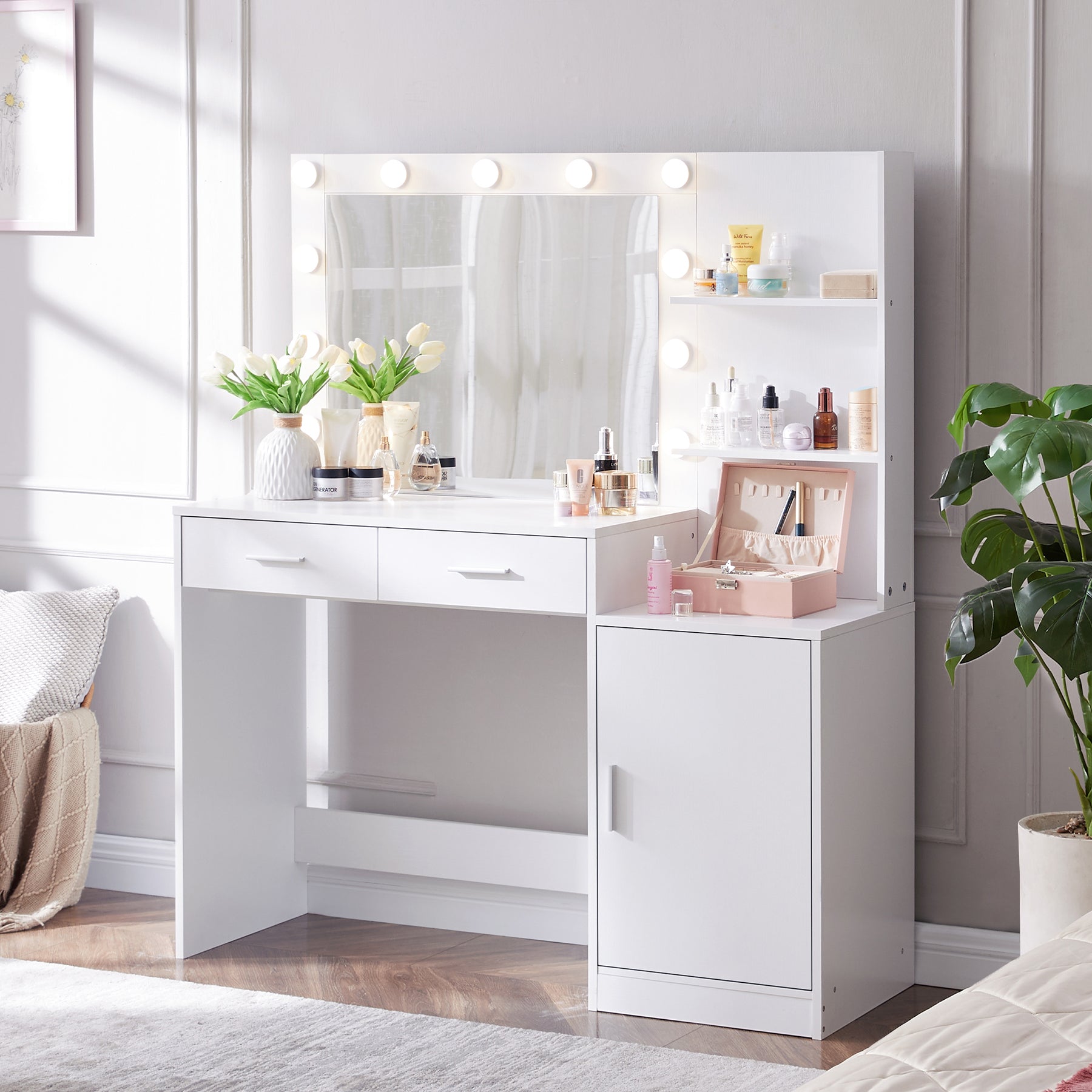 Vanity Desk with Mirror and Lights, 46.4IN Dressing Table with 2 Large Drawer&Large Vertical Organizer, 3 Level Dresser & 3 Lighting Modes Adjustable Brightness, Suitable for Bedroom(White)