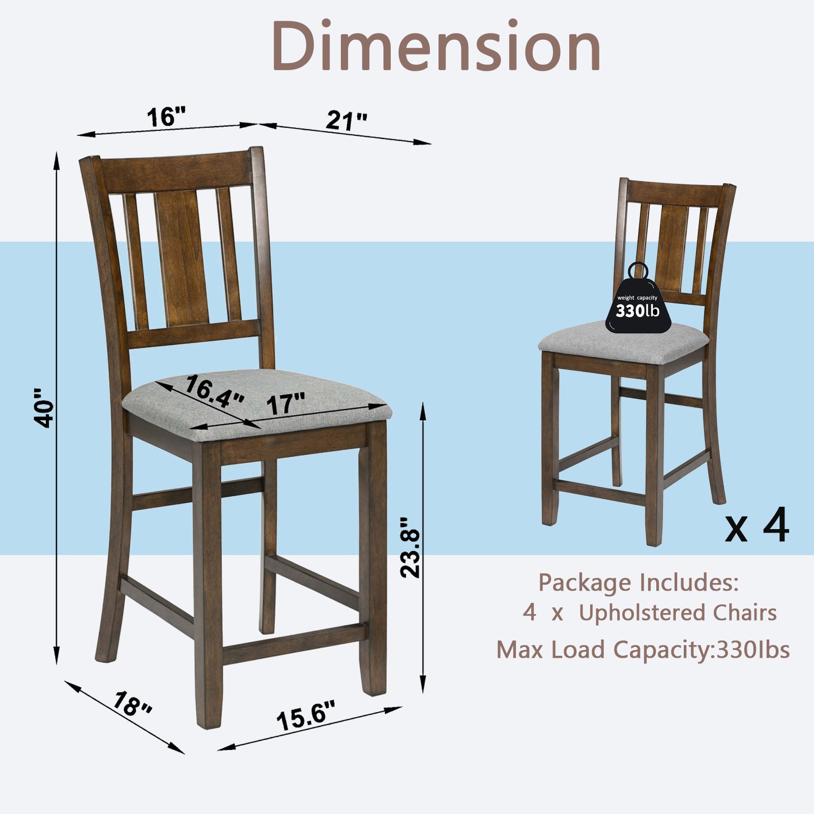 Dining Room Furniture Counter Height Chairs Set  for 4, Kitchen Chair with Padded Seat, Walnut