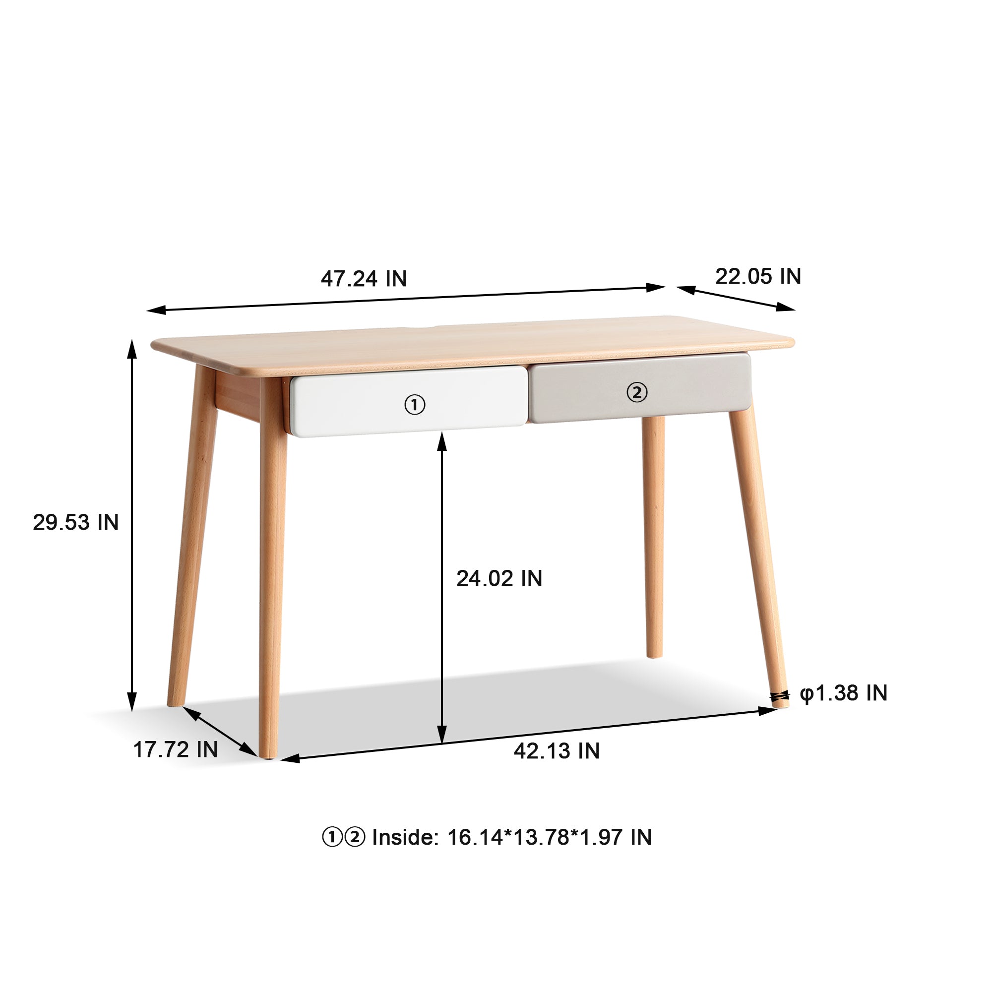 47" Solid Wood Computer Desk with 2 Drawers, Modern Simple PC Table for Home Office, Study, Natural