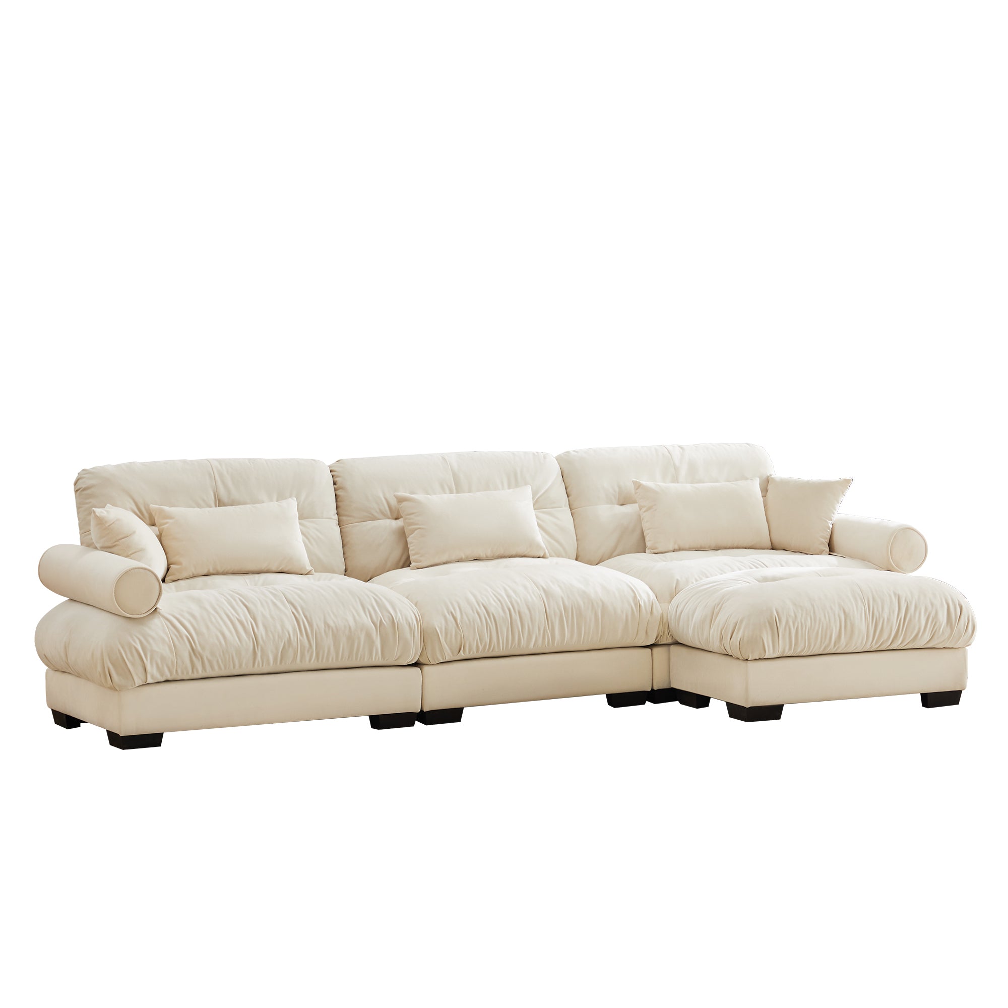 Oversized Modular Velvet Sectional Sofa with Ottoman, Deep Seat L-Shaped Cloud Couch for Living Room, Cream